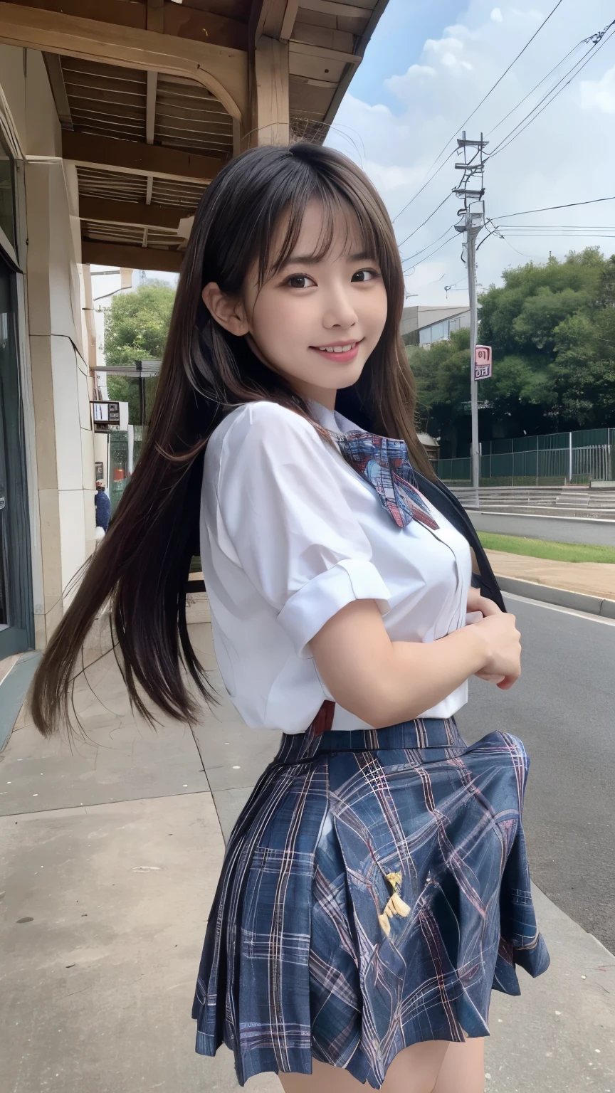 expensive resolution, RAW photo, realistic, very delicate and beautiful, very well detailed, details, very well detailed CG unity 8k wallpaper, very well detailedな, (expensiveest quality, 8k, 32K, masterpiece, 超expensive resolution:1.2), cute Japanese model photo , JK , expensive ,(White Sailor Suit 1), tartan skirt with fluttering dandelions, tartan check tie, beautiful face, Below,long one length long hair, smile, when walking on the station platform , surreal, 16Year,young and cute gravure idol,duck face,teeth, pork, thigh,smile,Viewer,red ribbon on head,150cm,thin, Erection under clothes, flat chest
