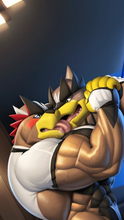 (duo) Machgaogamon ((deep Throat)) let's add a hard and thick black penis ((oral penetration:1.1)) moaning delicious sensual expression on the face ((cum:1.8)) (hands handcuffed up chain:1.1) (tongue out) (manga comic)