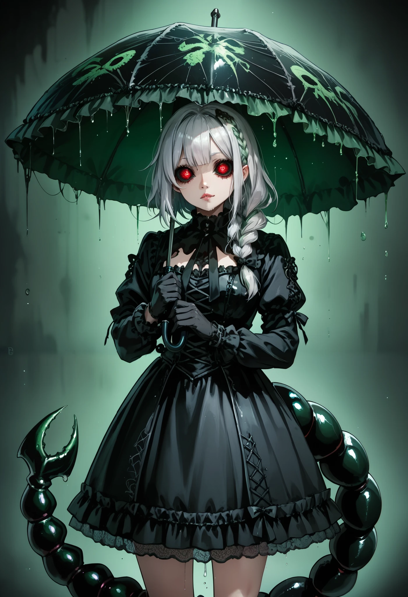Scorpion girl. Black gothic dress. Scorpion tail. Crustacean. Parasol. Silver hair. Horror eyes. Single braid. Crustacean left hand. Black gloves. Spider eyes in her hair. Dripping green mucus.