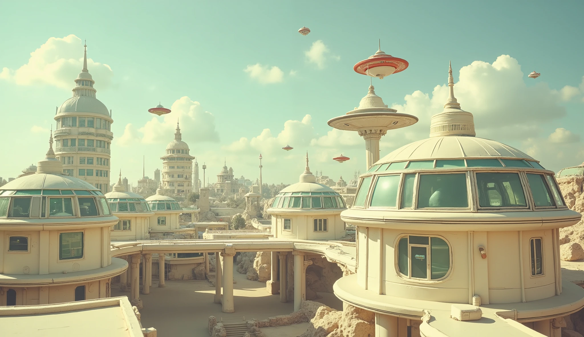 Futuristic cityscape, mid-century modern style, pastel colors, floating vehicles. Circular structures, pale beige and pastel teal domes, multiple levels with large windows. Buildings connected by walkways, a sense of aerial perspective. Floating, disc-shaped vehicles, red and light gray, are scattered across the pale blue sky with soft, scattered white clouds. Soft, diffused sunlight, a gentle, serene, and optimistic mood. Chromatic aberration style, vintage, retro, cinematic. A cityscape of futuristic, interconnected structures, reminiscent of a space-age theme park or a utopian community. Buildings feature multiple floors and large, clear windows. Sky filled with small flying vehicles, adding to the futuristic and whimsical feel. Light and airy atmosphere. Soft focus, retro color grading. Clean lines and geometric shapes. Art Deco influence.