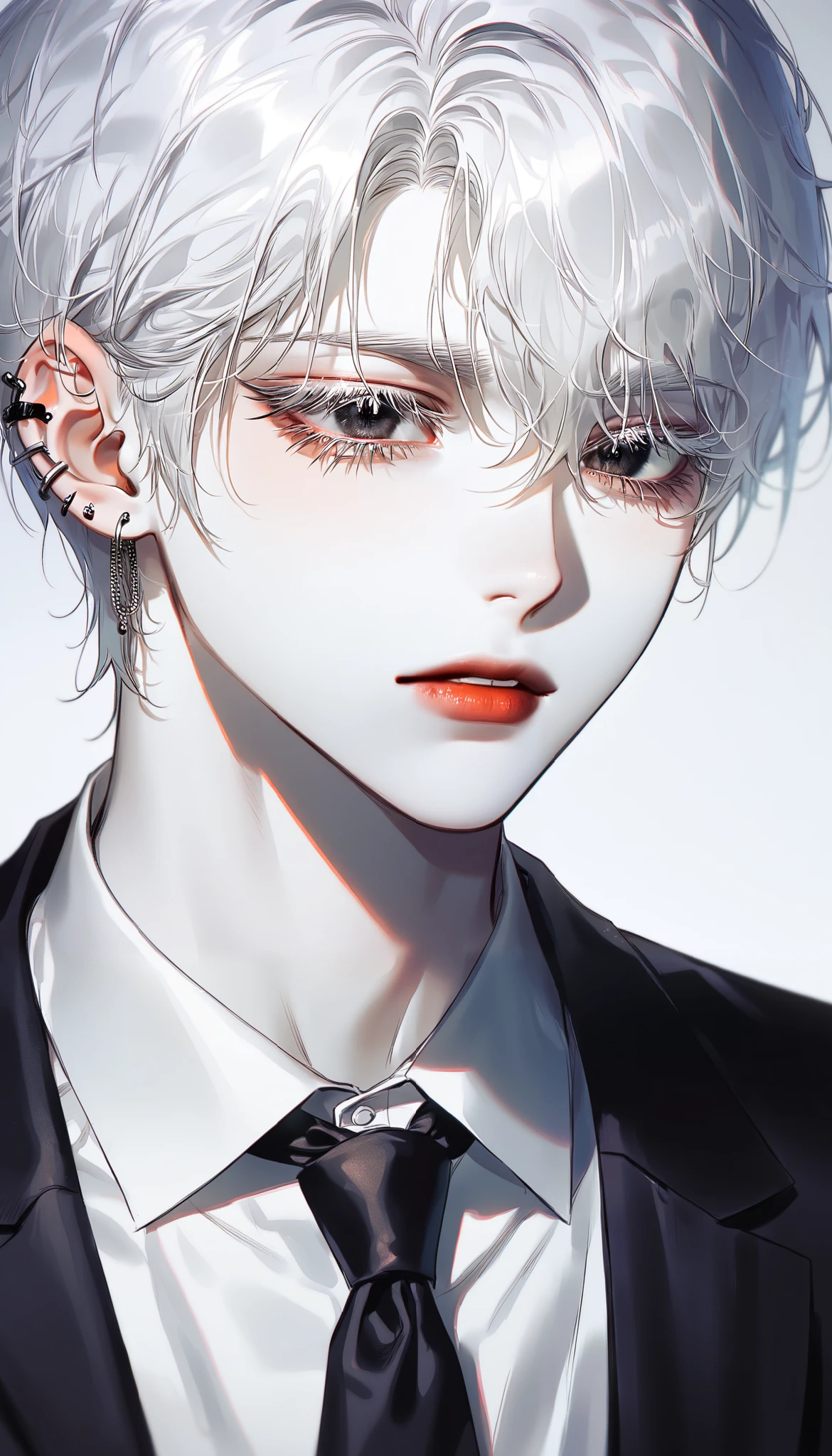 White hair,Black eye,short cut,student from school,Garma,tie,Korean,white skin, lashes, ear piercing,man,1man,alone,best quality,naturally, alone, solo