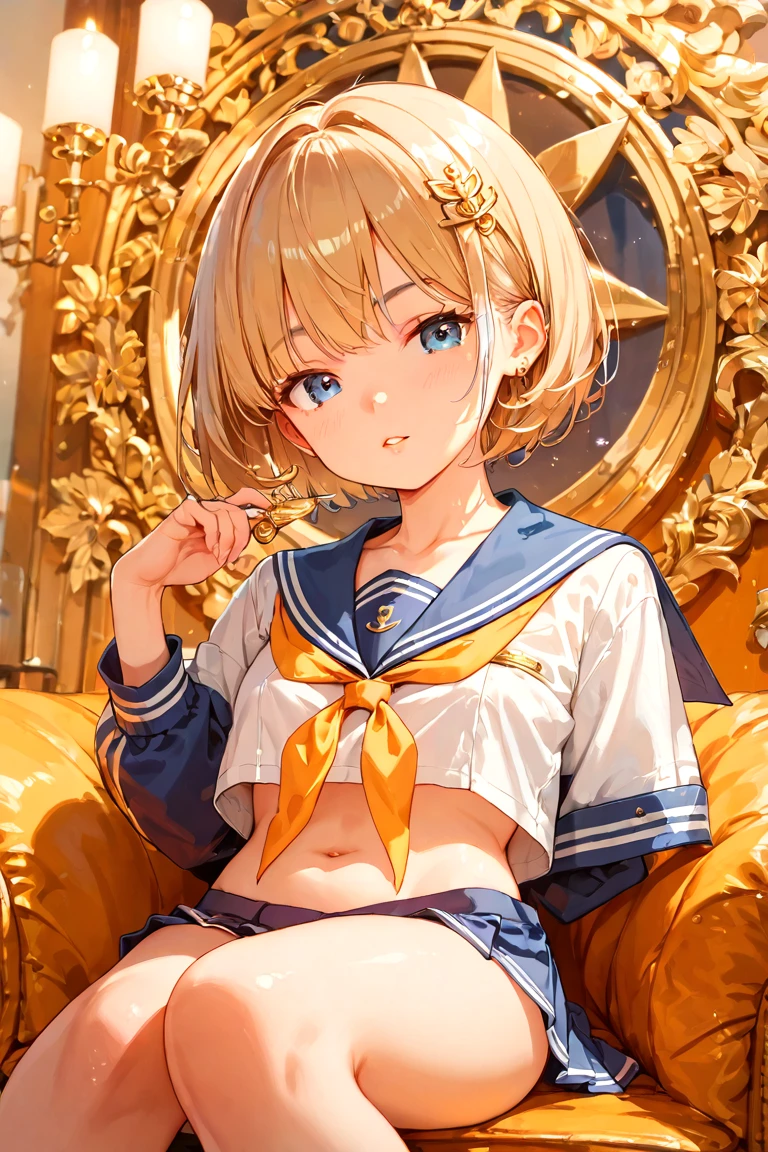 (((1girl))), ((best quality)), ((masterpiece)), ((ultra-detailed)), (illustration), (detailed light), (an extremely delicate and beautiful), (beautiful detailed eyes), (sunlight), ((extremely light)), 

((((sailor uniform and a brief pleated skirt)))),
school girl,

wavy short manish bob, (((yellow gold hair))), (((short hair))), 
(((deep red eyes))), 

((whole body)), aged 14 to 17, 
diamond, beautiful, ((extra elegant)), (((condescending expression))), (sexually mischievous smile),  (((extra adorable))), (((extra slender shape))), 

(((((sitting on her knees on the sofa with her legs erotically open wide)))),

((((exposed pure white cotton panties)))), (((extraordinarily thin thighs))),
(((ankle socks))),