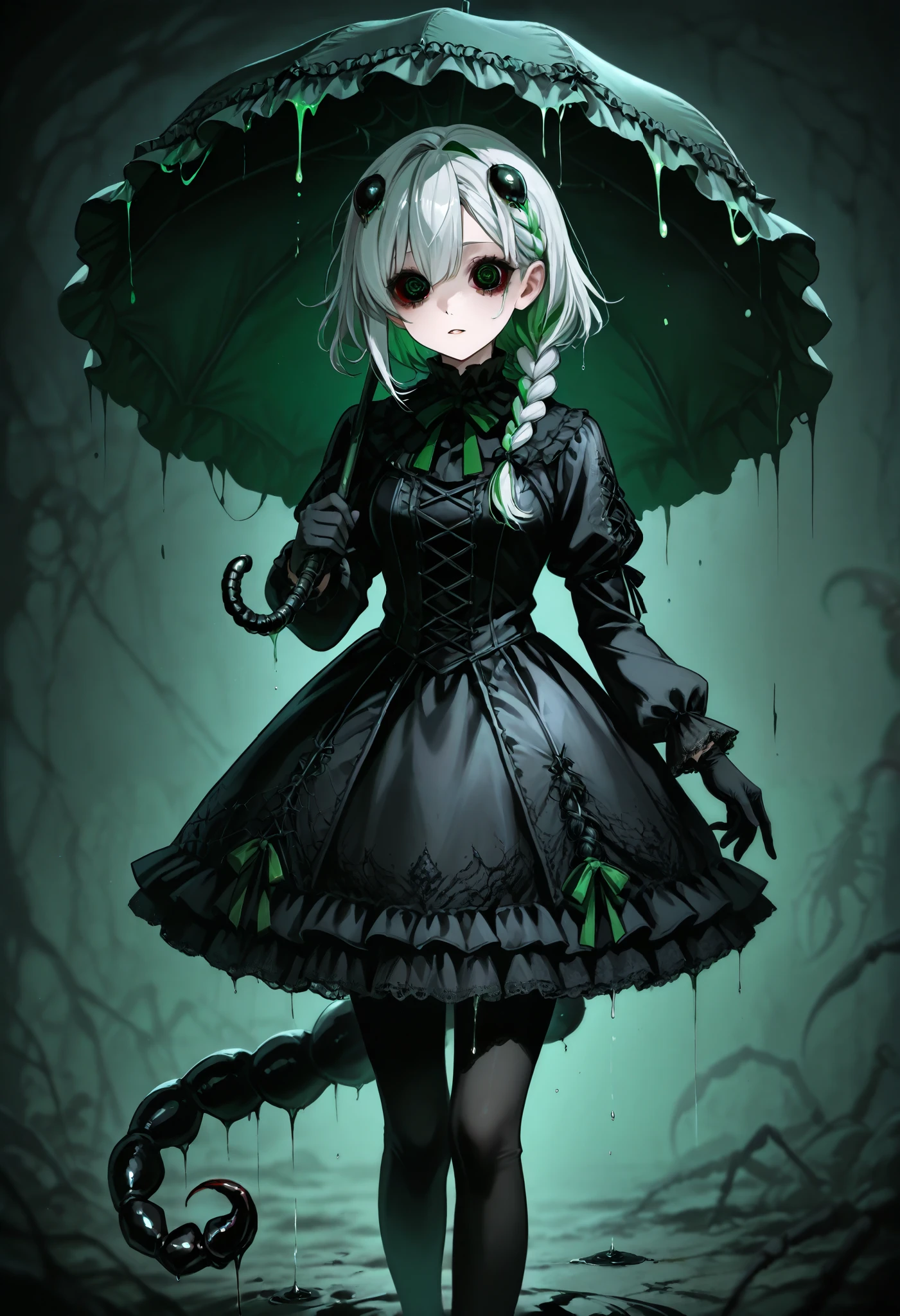 Scorpion girl. Black gothic dress. Scorpion tail. Crustacean. Parasol. Silver hair. Horror eyes. Single braid. Crustacean left hand. Black gloves. Spider eyes in her hair. Dripping green mucus.