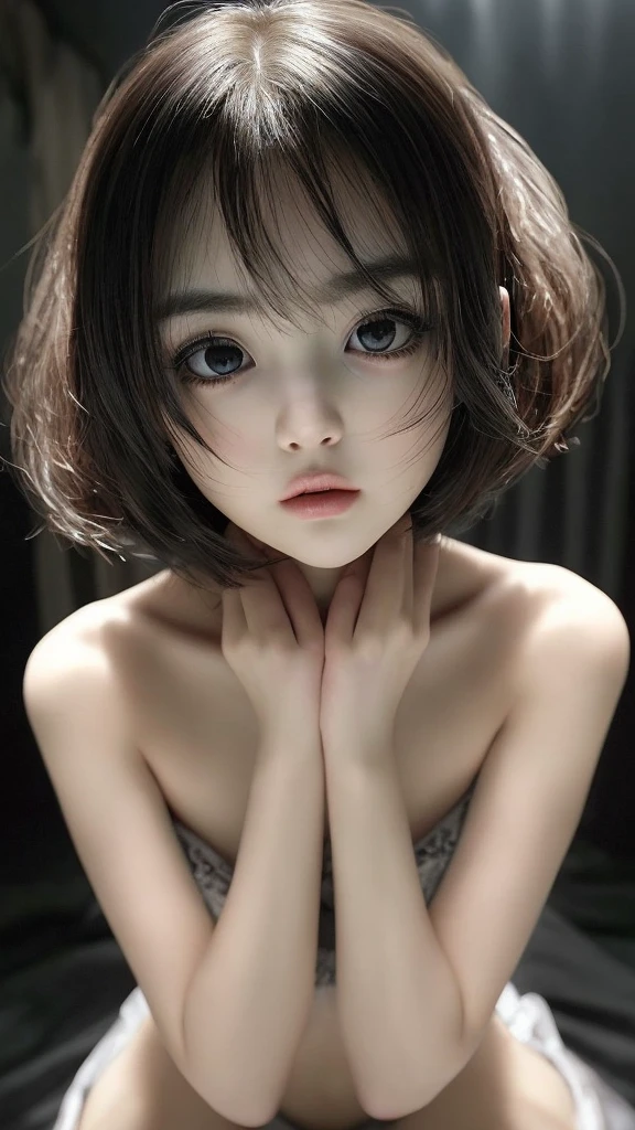 Highest quality, masterpiece, look up, cute,(Horror),(((Beautiful girl))),(Sexy),(sexy),((Small breasts)),Baby Face,(Middle school students),Black Hair,Bobcut,((Masturbation)),Beautiful Style,((Pale skin)),Sensual look,Embarrassed,Sexy表情,Heavy makeup,Expressions of delight,(Dark atmosphere),(Dark atmosphere,fear),((Dim lighting))