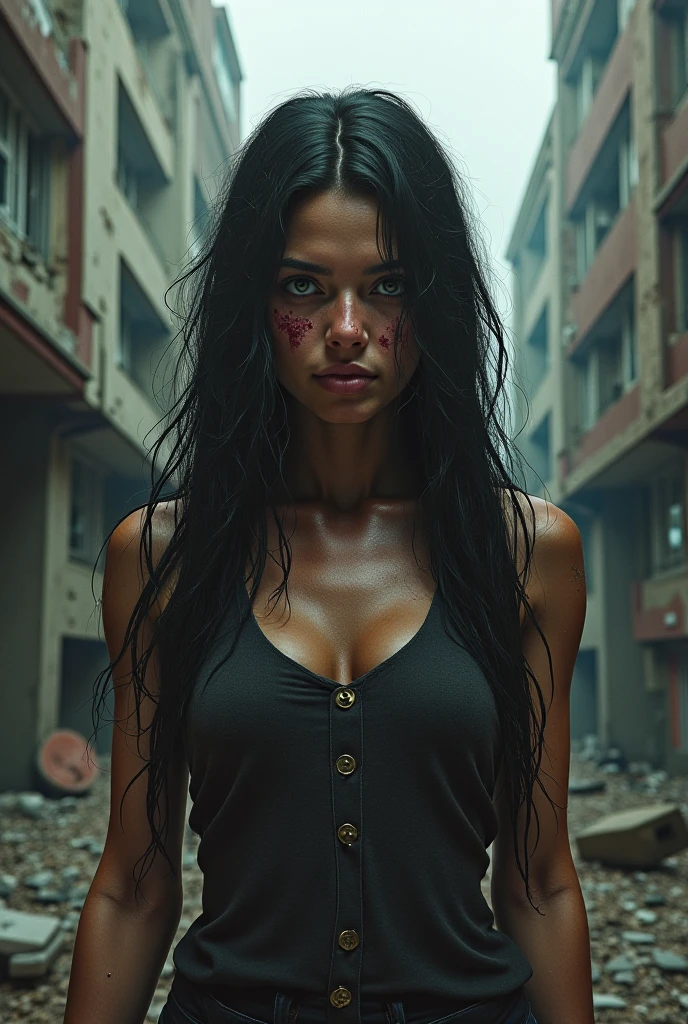 Create a image of A women, she is a striking figure, with a toned and athletic physique that reflects her strength and resilience. Her skin is a warm, dusky tone, gleaming with a light sheen of sweat from the intense battle she’s been fighting. Her long, dark hair cascades in tangled waves, partially matted with blood, framing a face marked by sharp features—high cheekbones, a strong jawline, and full lips that are now cracked and bloodied. Her eyes, deep and expressive, are a mix of defiance and pain, reflecting the toll the fight has taken on her. Her body is curvaceous yet muscular, with her breasts, now partially exposed, bearing the marks of the brutal attacks. Her waist is narrow, leading to strong, defined hips and legs that have taken a beating yet still stand firm. She’s dressed in what remains of a white bra and black pants, the bra torn and tattered from the assault, exposing more of her than she ever intended. The surroundings add to the bleakness of her situation—she’s in a desolate landscape of broken houses and crumbling walls, with debris scattered around her. The ground beneath her feet is uneven and littered with shards of broken brick and glass, each step she takes a reminder of the rough terrain.