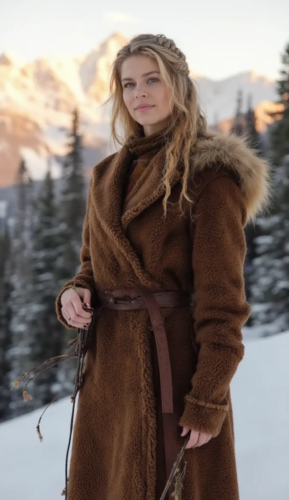 Masterpiece, Best quality, (photorealistic1.4), (UHD), (Cleavages), (epiCRealLife:1.0), (flashphoto), (flash photography), (night time), (chl03gm), (Chloe Grace Mortez wearing Viking armor), (V1k1ng, furs, leather armor, braids,), (VikAr costume), (cowboy shot), (in a Viking town)