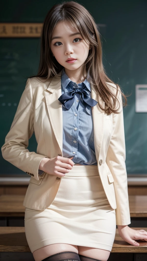 top quality, realistic, 8K, hd, 1 girl, female, (1.8), school, schoolgirl, blazer, uniform, visible, no panties, skirt boldly pulled up, ((sitting on chair with legs open)), bent knees and open legs, slightly shorter hairstyle, grab knees with hands to open legs, open shirt