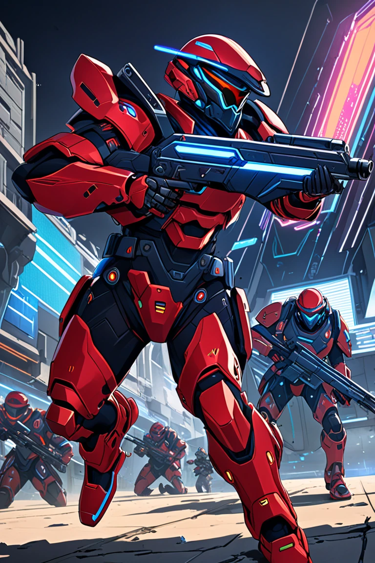 *"Create a character study showing a soldier from a diatopic future in various poses within the same image. The character must be a man , with a mustache, Like a general in an oppressive army, strong, design concept, wearing advanced tactical armor with metallic details and blue and red LED lights, red armor to highlight soldiers. It holds a futuristic energy rifle with neon details. Showing the face and helmet
The image must present multiple poses of the character side by side, as a conceptual study, ensuring consistency in the traits, in colors and design. Poses should include:
Neutral front view, to show details of the suit and weapon.
backwards, highlighting the back of the armor and tactical backpack.
in action, running with the rifle ready for combat.
Kneeling, analyzing the environment with the prepared weapon.
jumping, in a dynamic pose holding the rifle.
Holding the gun in one hand, while interacting with a holographic device on the other.
The composition must be organized, with well-distributed poses, similar to a design concept for magazines and comics. "*