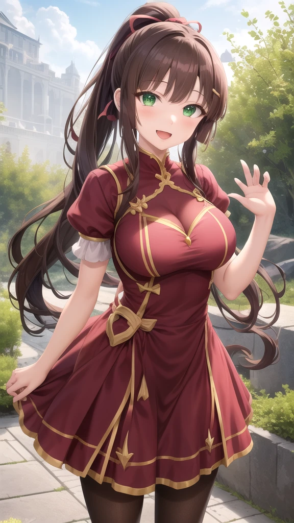 ((masterpiece、highest quality))、Guido Daniele's hands、sitting、cinematic angle、dutch angle、a beautiful woman with big breasts、Day、null、Mountain、wood、outdoor、river、hot spring、nature、torii、Imperial coin、temple、Miko costume、black tactical gloves、tail、nine tailed fox、long hair、split-colored hair、Color Chip、brown hair、redhead、bangs、hair ornaments、animal ears、fox ears、blush、shy face、red eyes、long eyes、put your hand on your chest
