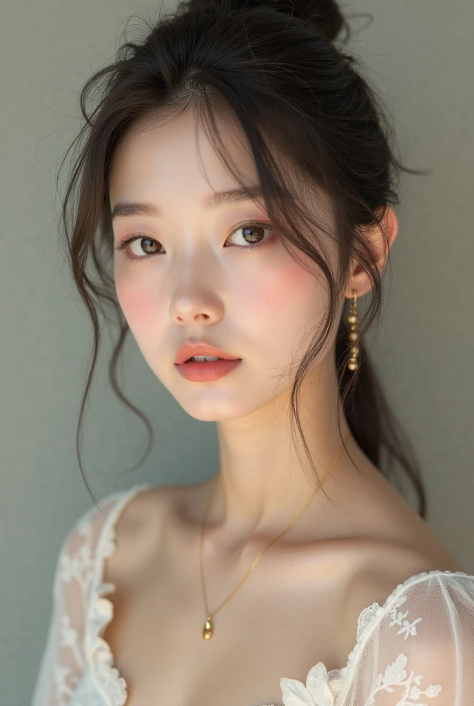 ((Bust up shot:1.6))、One woman、1 photo、((flat and small breasts:1.7))、((sensual look:1.8))、((ID photo:1.4))、((Apply beautiful makeup:1.7))、((A pale cherry-colored lip for moisturized lips:1.5))、((Naked Girls:1.5))、((No underwear:1.5))、Natural Shading、((Moist eyes:1.3))、(K-Pop Idols)、Serene and goddess-like beauty、((Slightly parted lips:1.3))、Natural Shading、((((Smooth brown hair in a ponytail:1.5))))、((Brown haired Japanese woman)))、(Yin and Yang Expressions:1.5)、masterpiece, Highest quality, 8k, High-definition image quality, (Upper body:1.4), Beautiful girls, Beautiful face, Looking at the audience, Surreal, High resolution, Sharp focus, High resolution, フェイスLight, Dynamic Lighting, Light, Professional Shadow, Simple Background, (Dull grey background:1.4), Highest detail, Very detailed, Ultra-detailed, In detail, Real Skin, Delicate facial features, Detailed face and eyes, Sharp pupils、live action idol