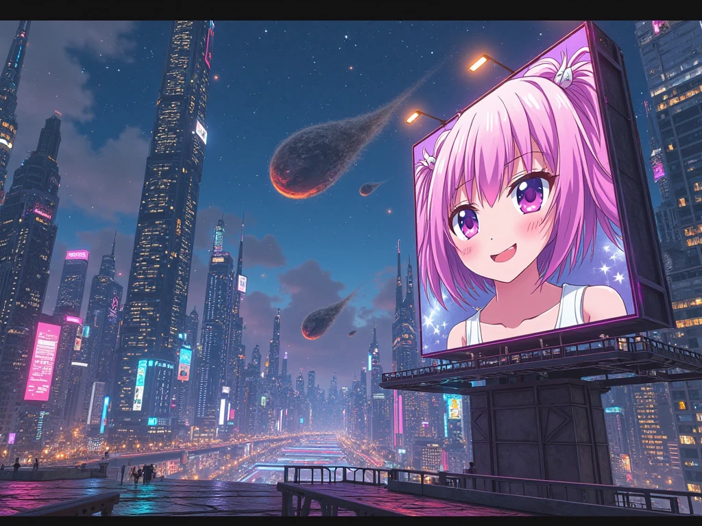 (best quality,4k,8k,highres,masterpiece:1.2),ultra-detailed,(realistic,photorealistic,photo-realistic:1.37),sexy anime 1girl,headphone,glowing skin,beautiful background,beautiful sky,aesthetic,venilla,night,cleavage,japan,tokyo city,portraits,HDR,colorful,dynamic lighting.animelike,colorful stars,cityscape reflection,vibrant colors,wavy hair,shining eyes,pink blush,soft skin,lively atmosphere,lit neon signs,crisp details,glamorous pose,sleek outfit,urban scenery,nightlife,city nightlife,urban vibe,contrast lightsand shadows,luminous headphones,dreamy atmosphere,fantasy-like setting,enchanted night,captivating gaze,modern metropolis,urban cityscape,iconic skyline,stylish fashion,vivid neon glow,rainbow spectrum,high-tech city,anime artstyle,playful expression