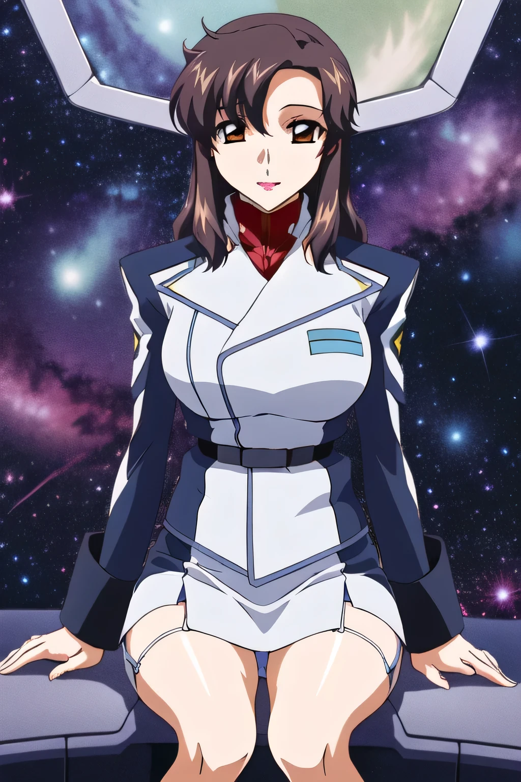 please draw a more delicate expression ,Garter beltと太ももまでの二ーハイストッキング着用, navy blue stockings,( bigger breasts 、Please draw bigger breasts ),(If you spread your legs apart, you can see dark blue panties),( 40 year old adult sexy woman ) masterpiece, , high image quality , friendly 1 , 1 girl, alone, (bare legs), ( 2-high stockings ,Garter belt)military uniform, military, offset, white shirt, white skirt, tight skirt , sitting, upper body, cockpit , space, ,