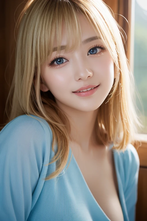 （Femme asiatique ））、（（Marie, 18 ans））une personne、Contours fins、yeux bleu、petit seins、taille fine、peau blanche et translucide、Beau, cheveux longs blond brillant、Style modèle à 8 têtes、bikini en dentelle blanche、Angle de taille vers le bas、sourire、Chambres 