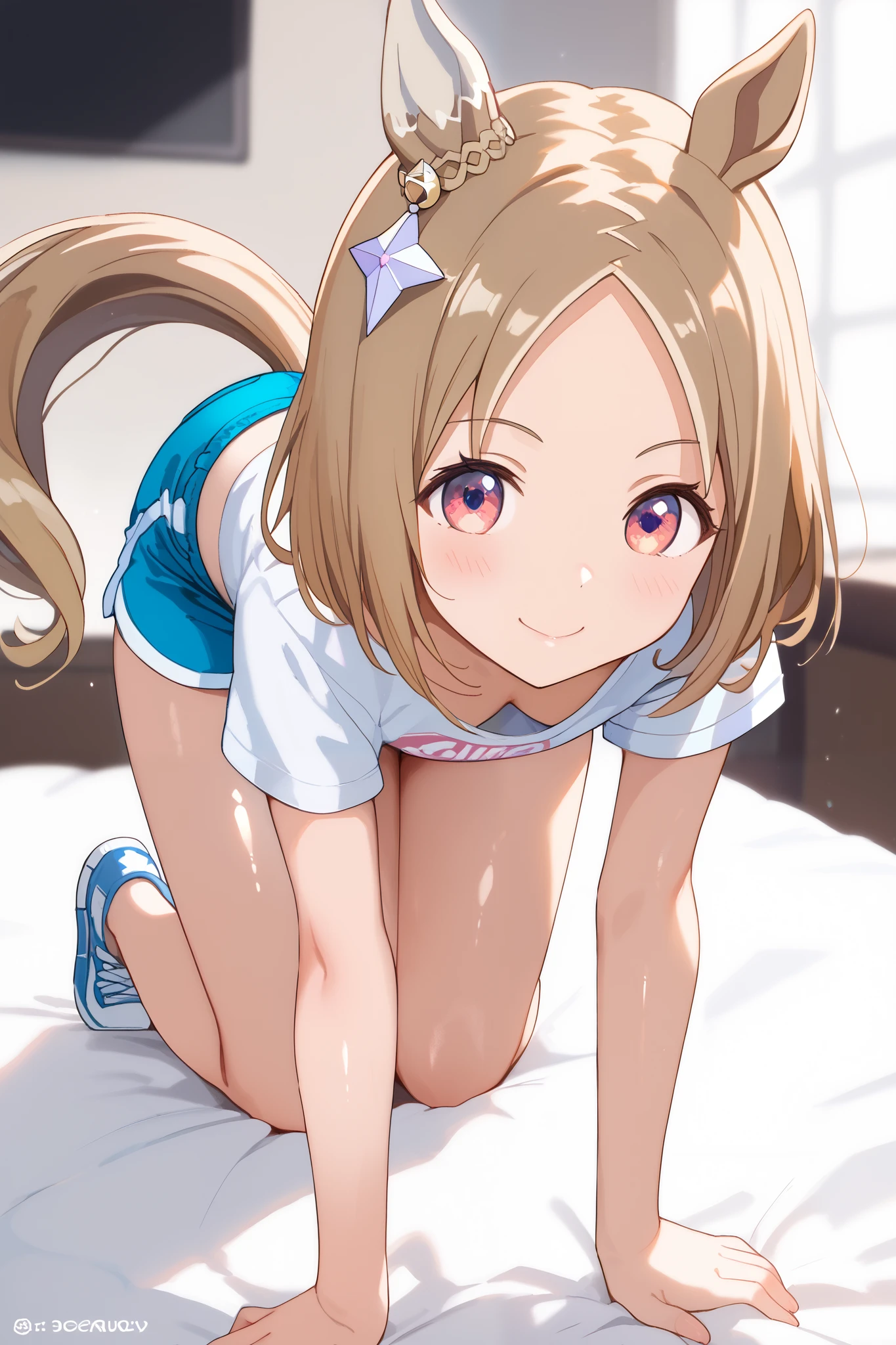 Narita, horse tail, short hair, animal ears, ear ornament, ear covers, single ear cover, 1 girl, Alone, anime style,cute girl,BEST QUALITY, super detailed, anime style,8k, high resolution, detailed images,((on all fours)),(room),(On a white bed),((smiles)),I'm dyeing my cheeks a little red,((Green loose chest t-shirt)),((light blue micro mini dolphin shorts)),((The cleavage is visible)),(is facing here),Smooth, shiny skin,high image quality,high quality of wavy lines,(Close-up image from the front ),((character up image)),