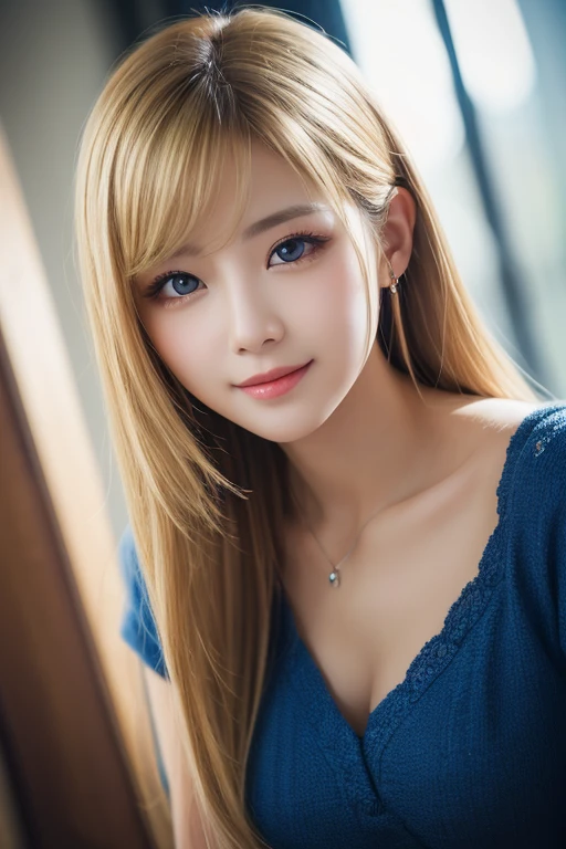 White blouse、Japanese、Gal、Blonde、blue eyes、cute、Landmine makeup、smile、Upper body close-up、Cobblestone street in the background