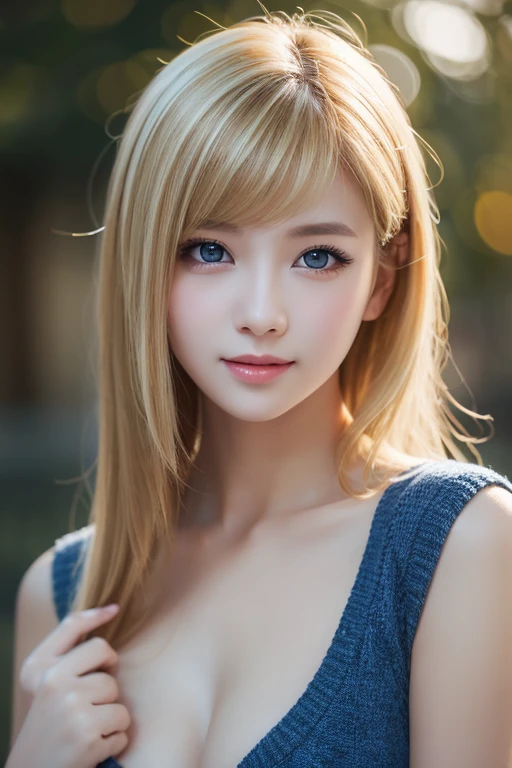 extraordinary sexy beauty、Beautiful, kind and cheerful expression、sexy refreshing look、perfect beautiful cute face、short ponytail、long bangs between the eyes,、super long blonde straight hair、Beautiful facial hair、very cute beautiful sexy young little woman、Beautiful cute face so perfect and beautiful、big breasts, Beautiful clear pale blue cute eyes,