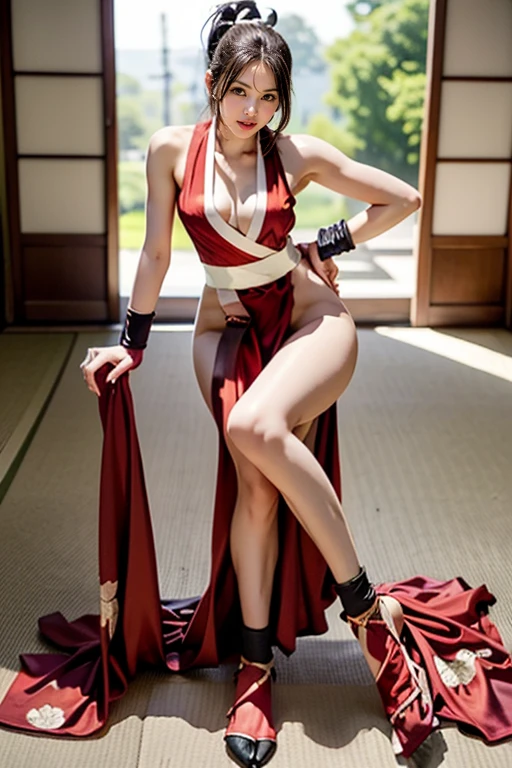 fullbody view, female, intense green eyes, black hair tied to a bun, strapless full dress, red scarf around her neck, long silk gloves, a fabric is wrapped around her waist