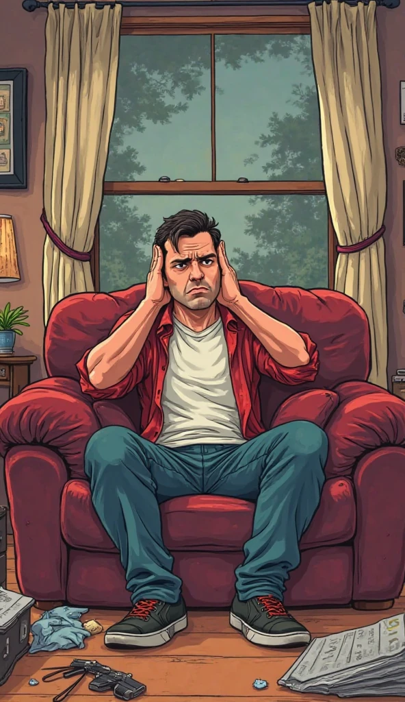 very tired-looking man is lying on sofa in the dark room with his eyes closed wearing worn-out clothes and in his imaginary world who has a big bright haze over his head and in the haze anime girls are smiling happily