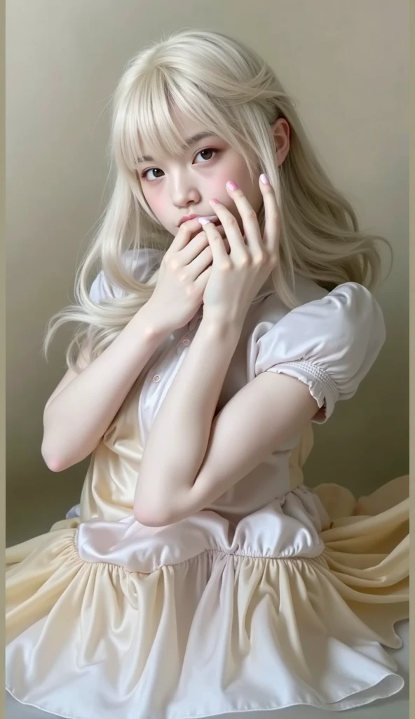 A girl in the bathroom，white  clothes，Yellow hair，The upper part of the body，Very happy，Laugh