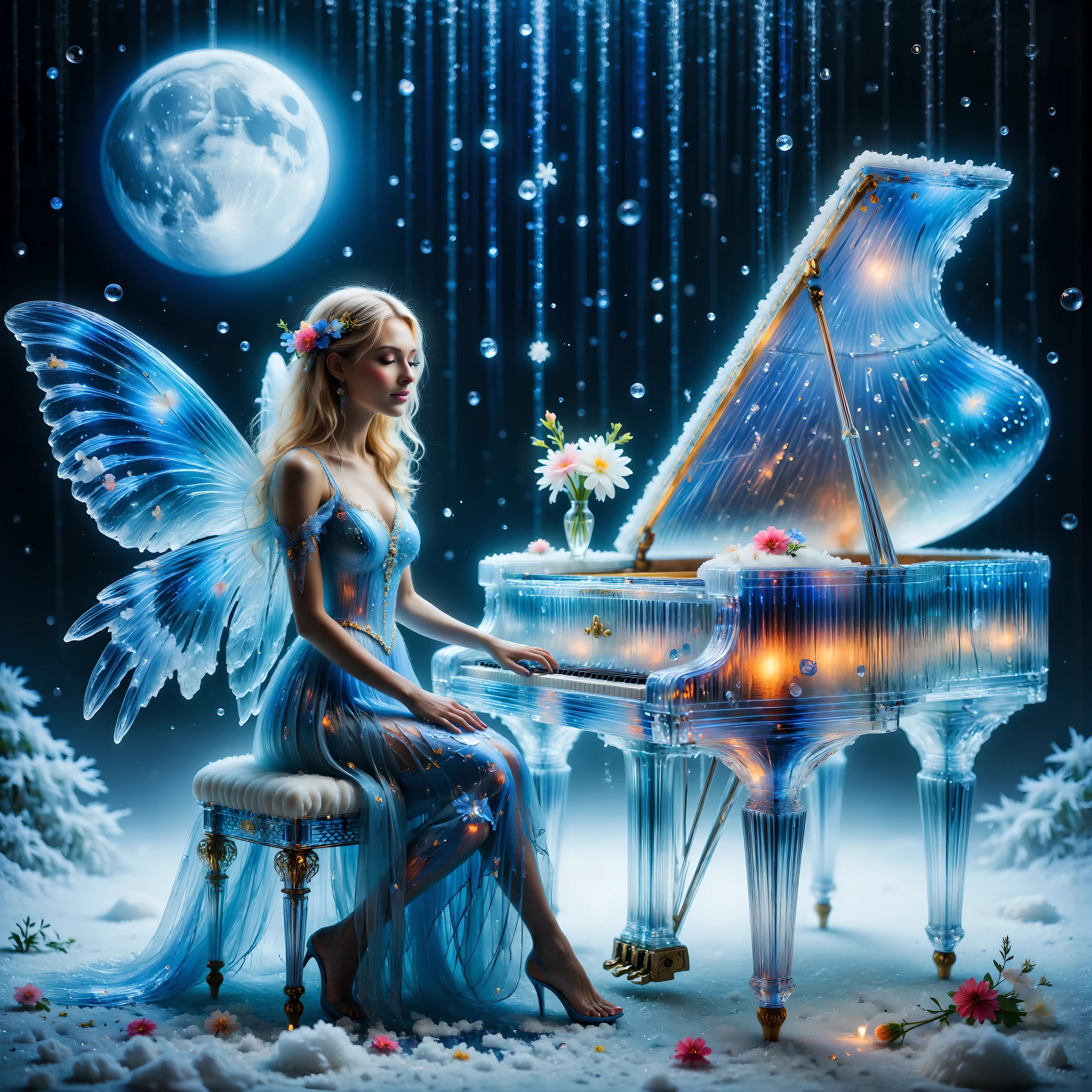 A breathtakingly beautiful, high-definition image of a young adult (circa 20 years old) fair-skinned woman with shoulder-length, flowing blonde hair and captivating brown eyes, possessing enormous, translucent, luminous wings like a moth, gracefully seated at a grand, lit, and luminous translucent grand piano.  Her attire: a flowing, ethereal gown of shimmering, icy blue silk, adorned with delicate silver embroidery, mirroring the snowfall around her.  She plays with an elegant, poised posture, her fingers dancing lightly across the ivory keys. Her expression is serene and slightly whimsical, eyes closed in concentration, conveying a sense of peaceful enchantment.  The piano itself radiates a soft, inner light, casting a gentle glow upon the falling snow.  A gigantic crescent moon hangs in the inky-black sky, partially obscured by swirling snowflakes. little bouquet of flowers on the piano. The scene is bathed in soft, cool light, creating a dreamy, magical atmosphere evocative of Art Nouveau and Symbolist styles.  The perspective is a slightly elevated medium shot, focusing on the fairy and her interaction with the piano. The background showcases a heavily snow-laden landscape, the snow possessing a soft, feathery texture, contrasted against the smooth, luminous quality of the piano and the fairy's wings.  The overall mood is serene, whimsical, and deeply magical, emphasizing tranquility and otherworldly beauty. The image emphasizes intricate details, capturing the delicate textures of the snow, the fairy’s wings, and the piano’s translucent surface.