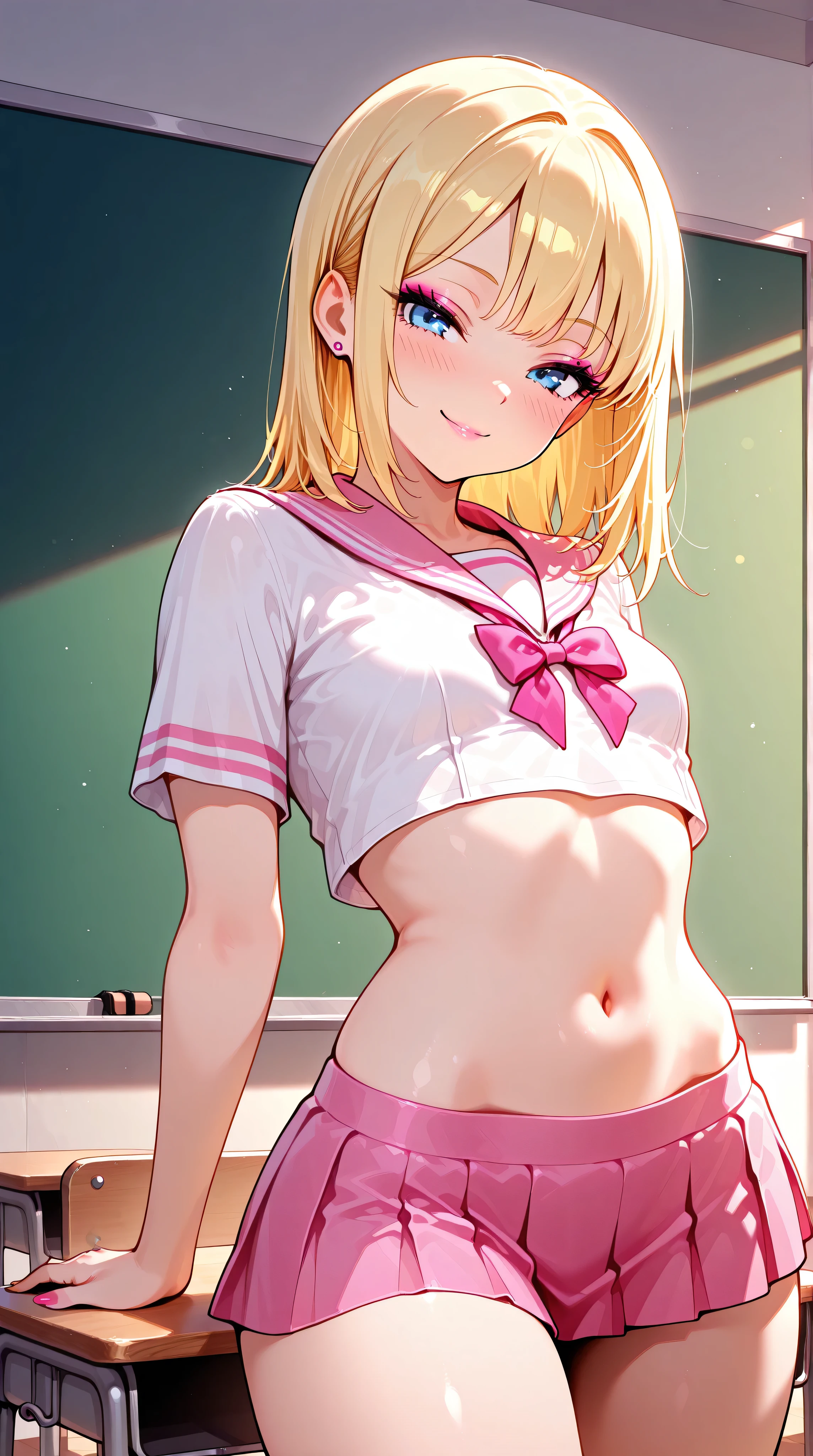 Cute blonde girl wearing very revealing pink high-school uniform in classroom (small crop-top and miniskirt) blue eyes, makeup, seductive smile, sexy pose