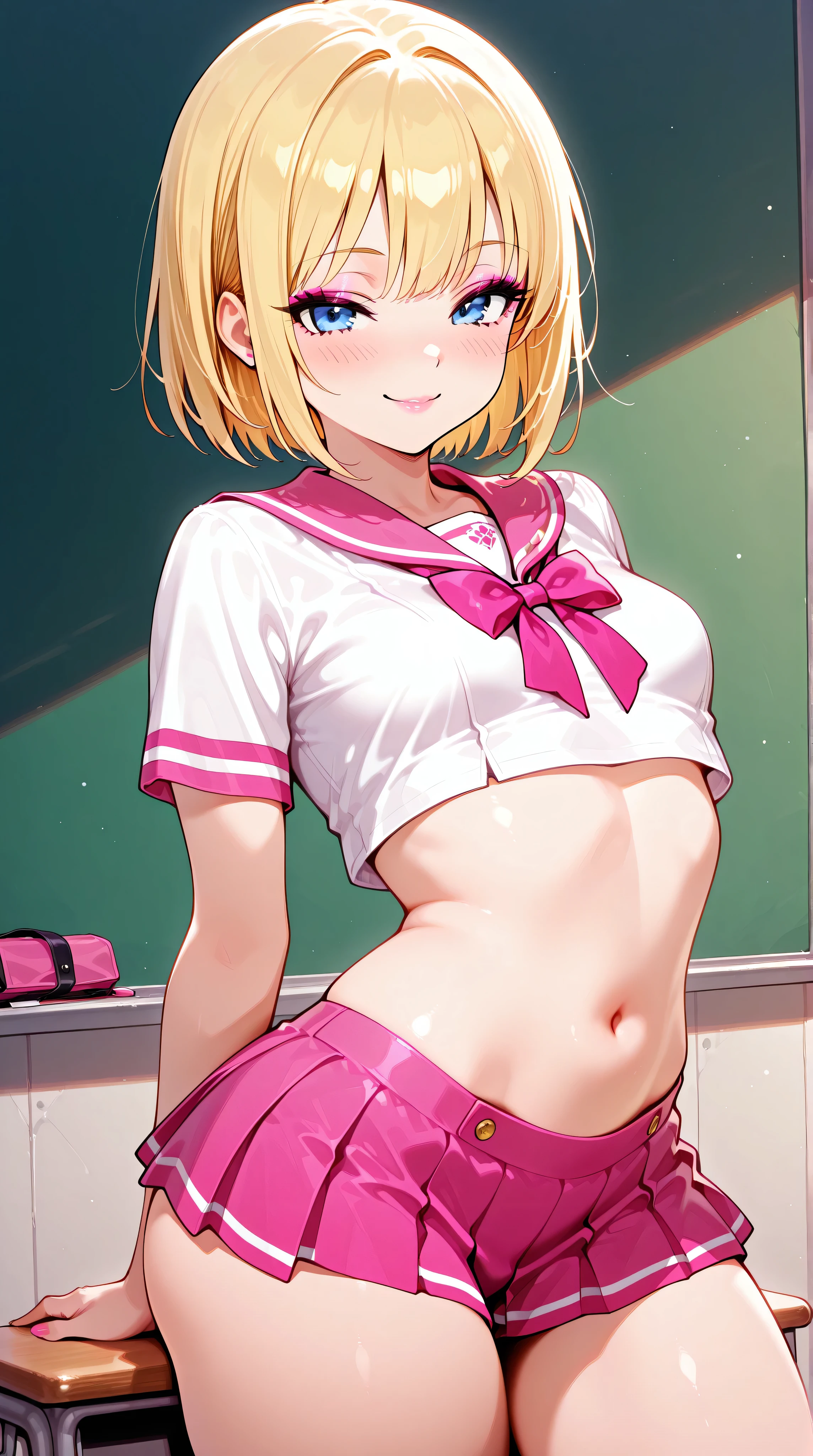 Cute blonde girl wearing very revealing pink high-school uniform in classroom (small crop-top and miniskirt) blue eyes, makeup, seductive smile, sexy pose