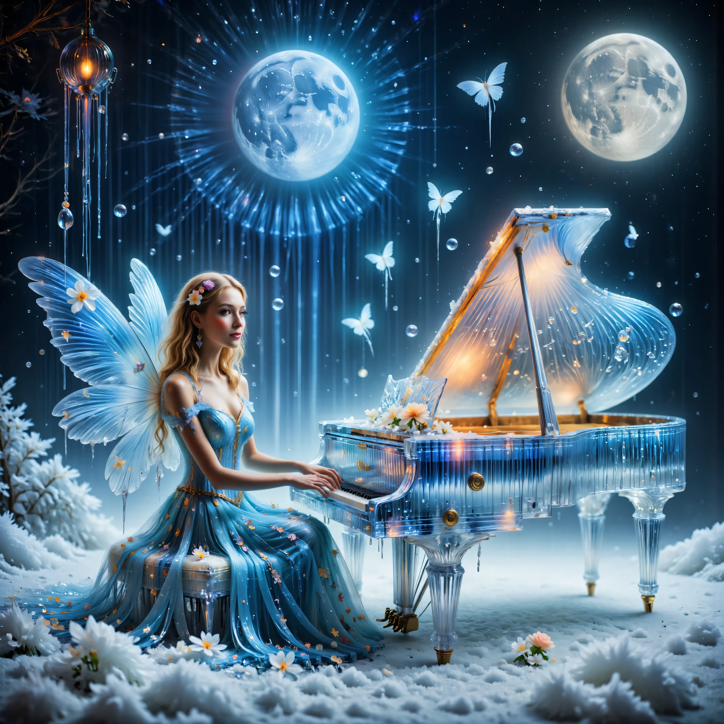 A breathtakingly beautiful, high-definition image of a young adult (circa 20 years old) fair-skinned woman with shoulder-length, flowing blonde hair and captivating brown eyes, possessing enormous, translucent, luminous wings like a moth, gracefully seated at a grand, lit, and luminous translucent grand piano. Her attire: a flowing, ethereal gown of shimmering, icy blue silk, adorned with delicate silver embroidery, mirroring the snowfall around her. She plays with an elegant, poised posture, her fingers dancing lightly across the ivory keys. Her expression is serene and slightly whimsical, eyes closed in concentration, conveying a sense of peaceful enchantment. The piano itself radiates a soft, inner light, casting a gentle glow upon the falling snow. A gigantic crescent moon hangs in the inky-black sky, partially obscured by swirling snowflakes. little bouquet of flowers on the piano. The scene is bathed in soft, cool light, creating a dreamy, magical atmosphere evocative of Art Nouveau and Symbolist styles. The perspective is a slightly elevated medium shot, focusing on the fairy and her interaction with the piano. The background showcases a heavily snow-laden landscape, the snow possessing a soft, feathery texture, contrasted against the smooth, luminous quality of the piano and the fairy's wings. The overall mood is serene, whimsical, and deeply magical, emphasizing tranquility and otherworldly beauty. The image emphasizes intricate details, capturing the delicate textures of the snow, the fairy’s wings, and the piano’s translucent surface.