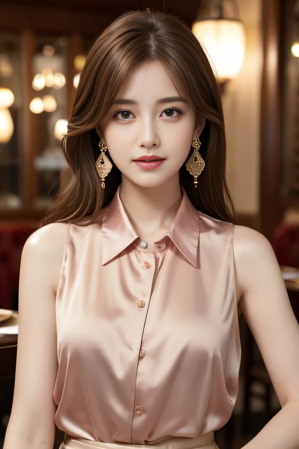 masterpiece, Highest quality, Realistic, Very detailed, Finer details, High resolution, 8k wallpaper, One beautiful woman, Wear an elegant and colorful silk shirt, In a great restaurant, At night, Light brown messy hair, Perfect dynamic composition, Beautiful and beautiful eyes、Big earrings、Sleeveless shirt、