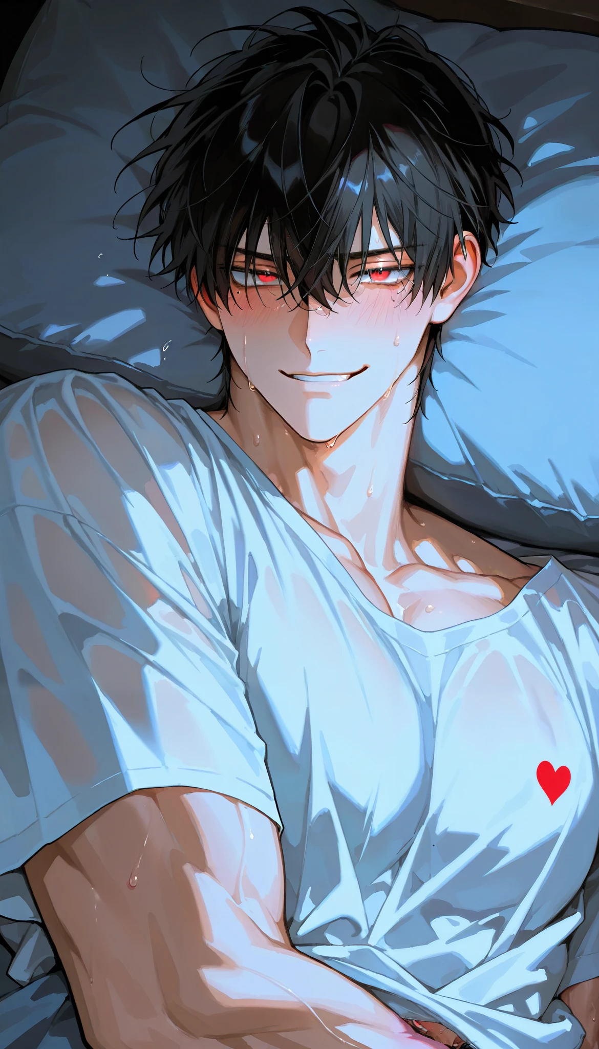 1male,alone, solo,black hair,mole under eye, (shocking red eyes), lie on the bed,handsome,night,smirk expression,blush,sweat,one man,put your face on the pillow,come undone shirt,upturned eyes,teary eyes,there is a heart symbol floating in the air,(muscular man, handsome man)
