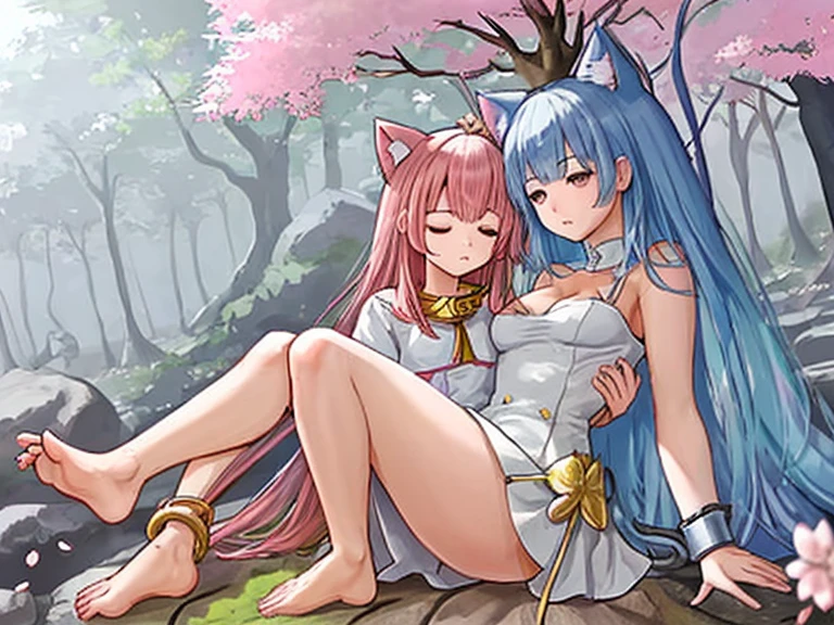 1girll,Yae Miko,heterosexuality,1boys,A pink-haired,thigh high,nedium breasts,long whitr hair,Large breasts,censorship,Sexual huge breasts cleavage,Purple eye,Sleeve separation,mosaic censoring,looki at viewer,Vaginal thrust by,bare shoulders,By bangs,exteriors,Animal ear,sit astride,Cowboy pose,girl on top,The legs,Blushlush,Skysky,ssmile,In the daytime,blue-sky,hair adornments,Bursts,Single focus,jewely,Even cats,耳Nipple Ring,Japanese style costume,Sat down,the feet,red fox,hor ears,clouds,a skirt