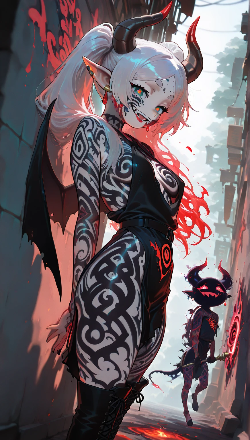 A girl with ((red skin, long white hair, yellow eyes, sexy clothes, and big breasts)). She also has ((red horns)). The colors of the image should be vivid, enhancing the fantasy style. The lighting should be dramatic, with high contrast and strong shadows. The image should be of the best quality, with a resolution of 4k or 8k, and it should be a masterpiece. The image should have a realistic look, with attention to detail.