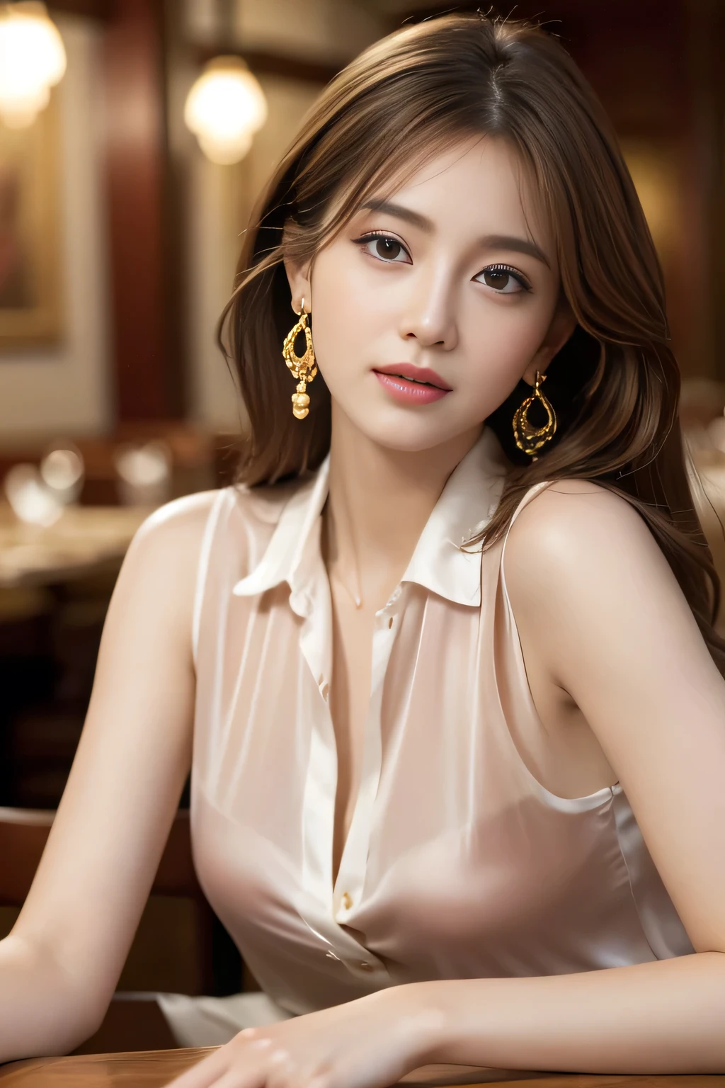 masterpiece, Highest quality, Realistic, Very detailed, Finer details, High resolution, 8k wallpaper, One beautiful woman, Wear a white see-through shirt, In a great restaurant, At night, Light brown messy hair, Perfect dynamic composition, Beautiful and beautiful eyes、Big earrings、