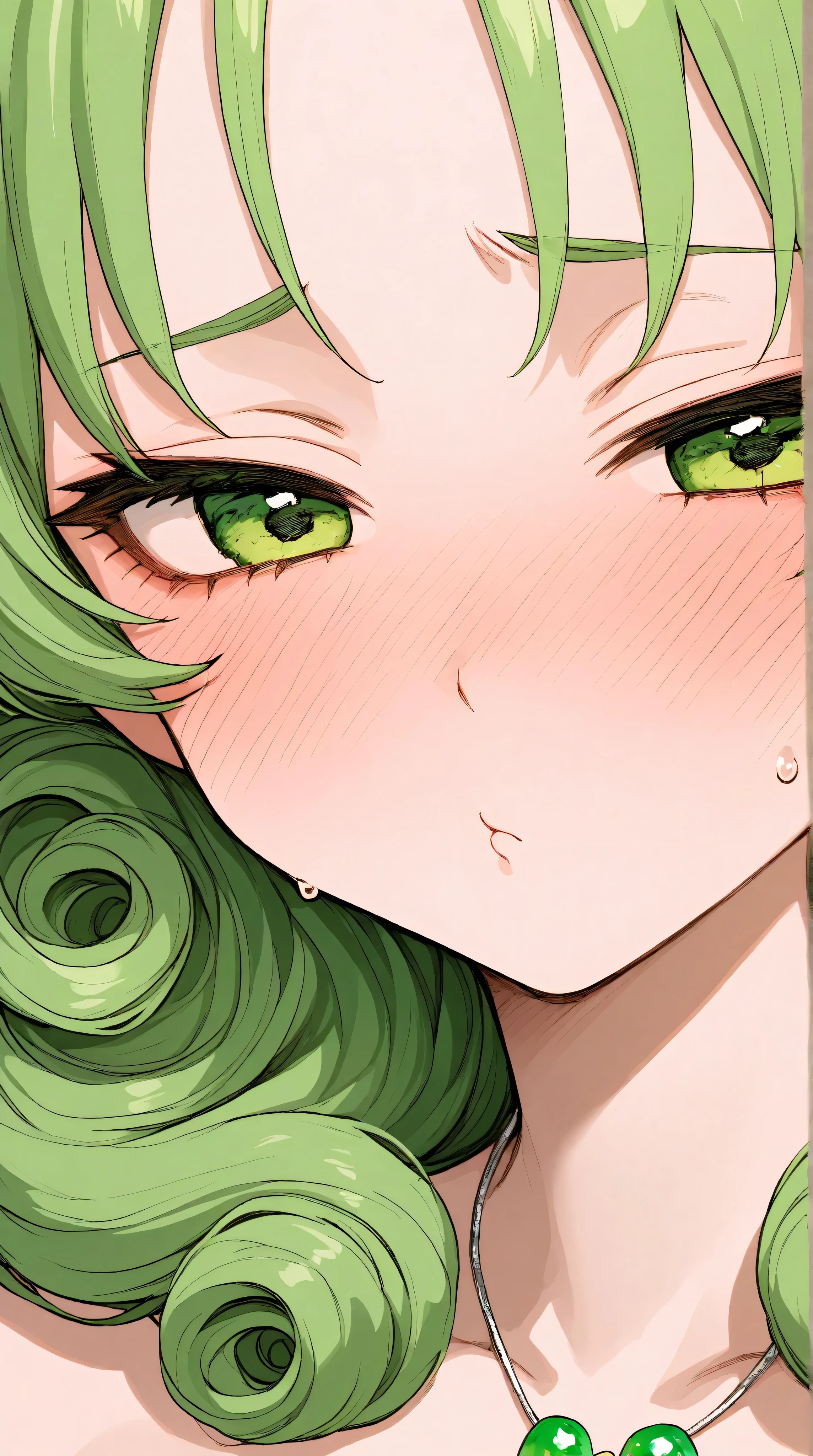 asian high school girl, focus on eyes, close up on face, pouting, wearing jewelry, apple green color hair styled Faux Hawk with Curly Hair, freckled face, slender, pale, shiny skin, anime, manga, heavy blushing,