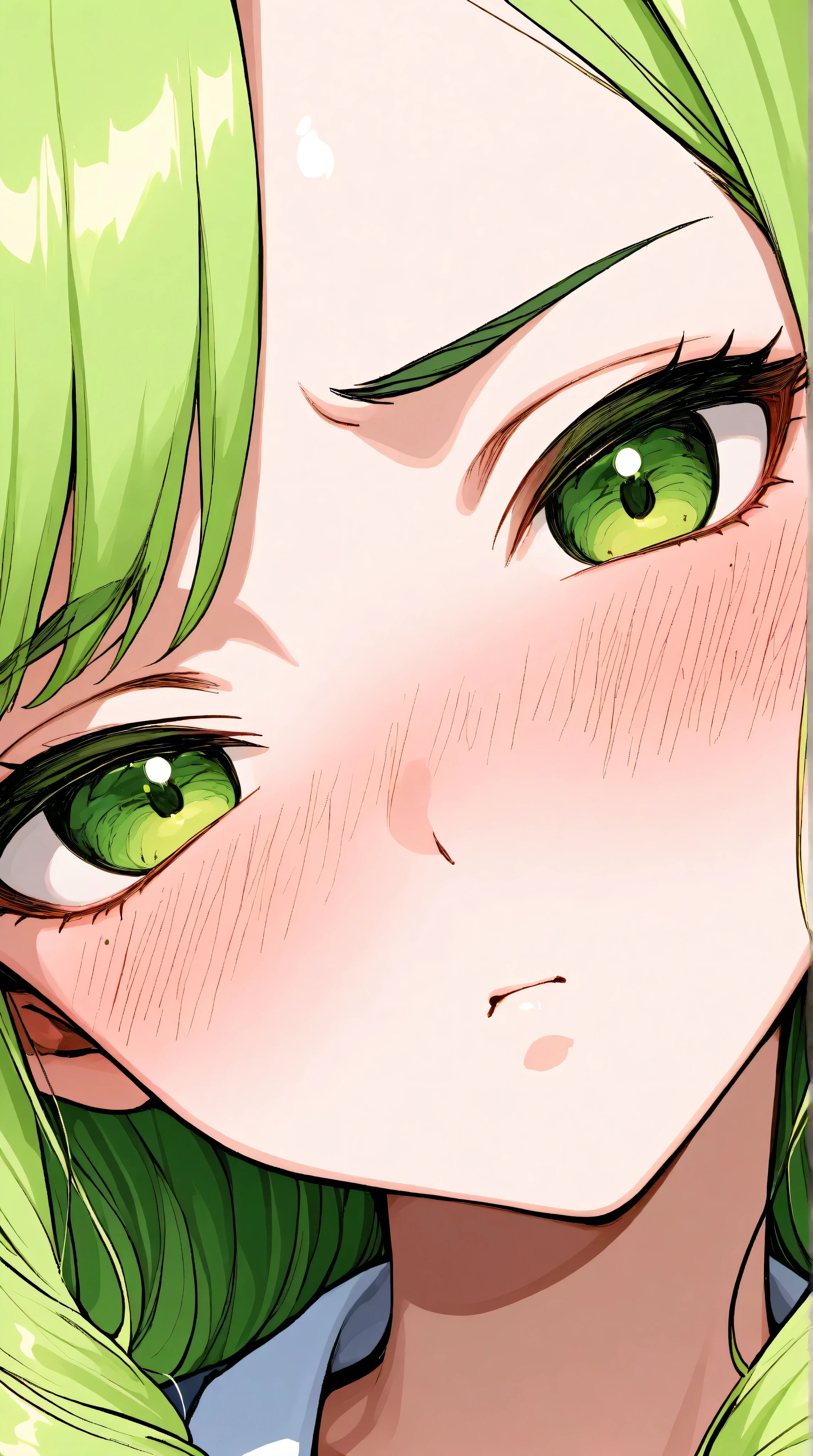 asian high school girl, focus on eyes, close up on face, pouting, wearing jewelry, apple green color hair styled Faux Hawk with Curly Hair, freckled face, slender, pale, shiny skin, anime, manga, heavy blushing,