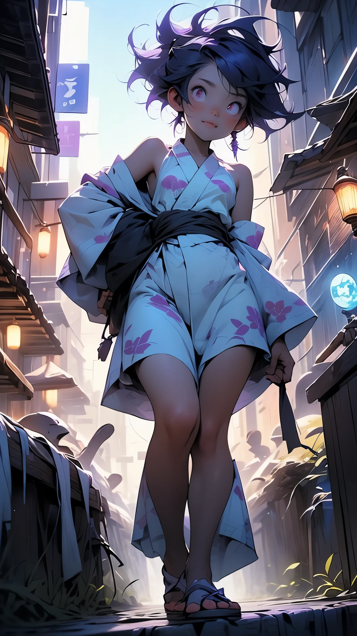 (perfect anatomy:1.2)(absurdres, highres, ultra detailed),masterpiece,best quality,high resolution,8k,Realistic face,Realistic skin texture,magnified textures, stunning clarity,detailed anime girl,(ultra detailed eyes and face),(14 years old:1.2),(baby face:1.2),japanese girl,floral printed blue yukata,、(very short hair:1.5)(two side up:1.6)、tareme,light brown hair:1.2,kanzashi、glamor、short stature、(bust up:1.4),Steampunk in the Edo Period、(Vivid hieroglyph signs and street advertisements:1.2)、,autumn、hieroglyph,souk、Shopping Street、Ancient Egyptian statues,reaching out,(tanned skin:1.5),big breasts,look up viewer,round face,Shoulder Bare,(from front:1.2),cleavage cutout,(Despairing:1.5)