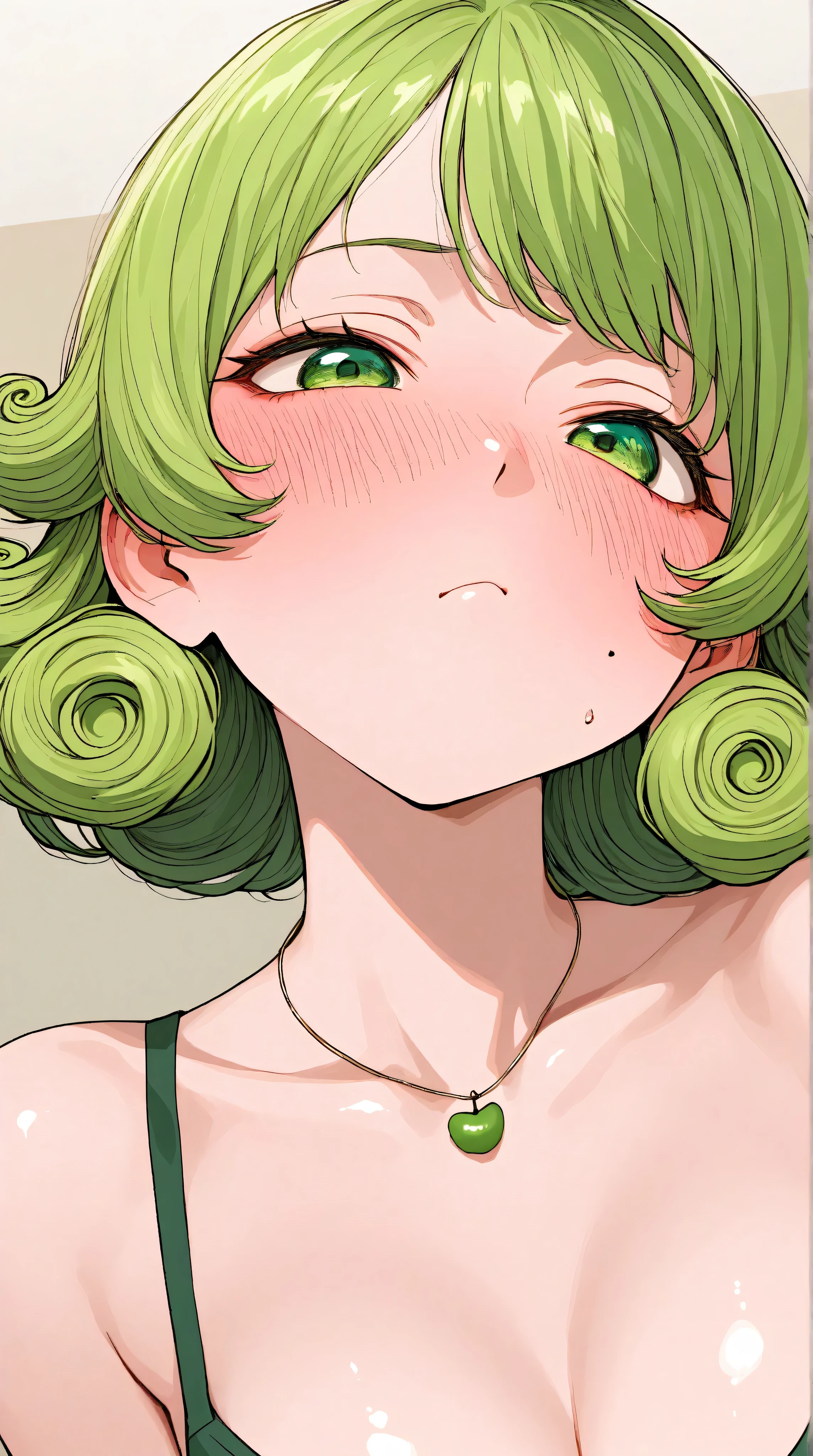 asian high school girl, focus on eyes, close up on face, pouting, wearing jewelry, apple green color hair styled Faux Hawk with Curly Hair, freckled face, slender, pale, shiny skin, anime, manga, heavy blushing,
