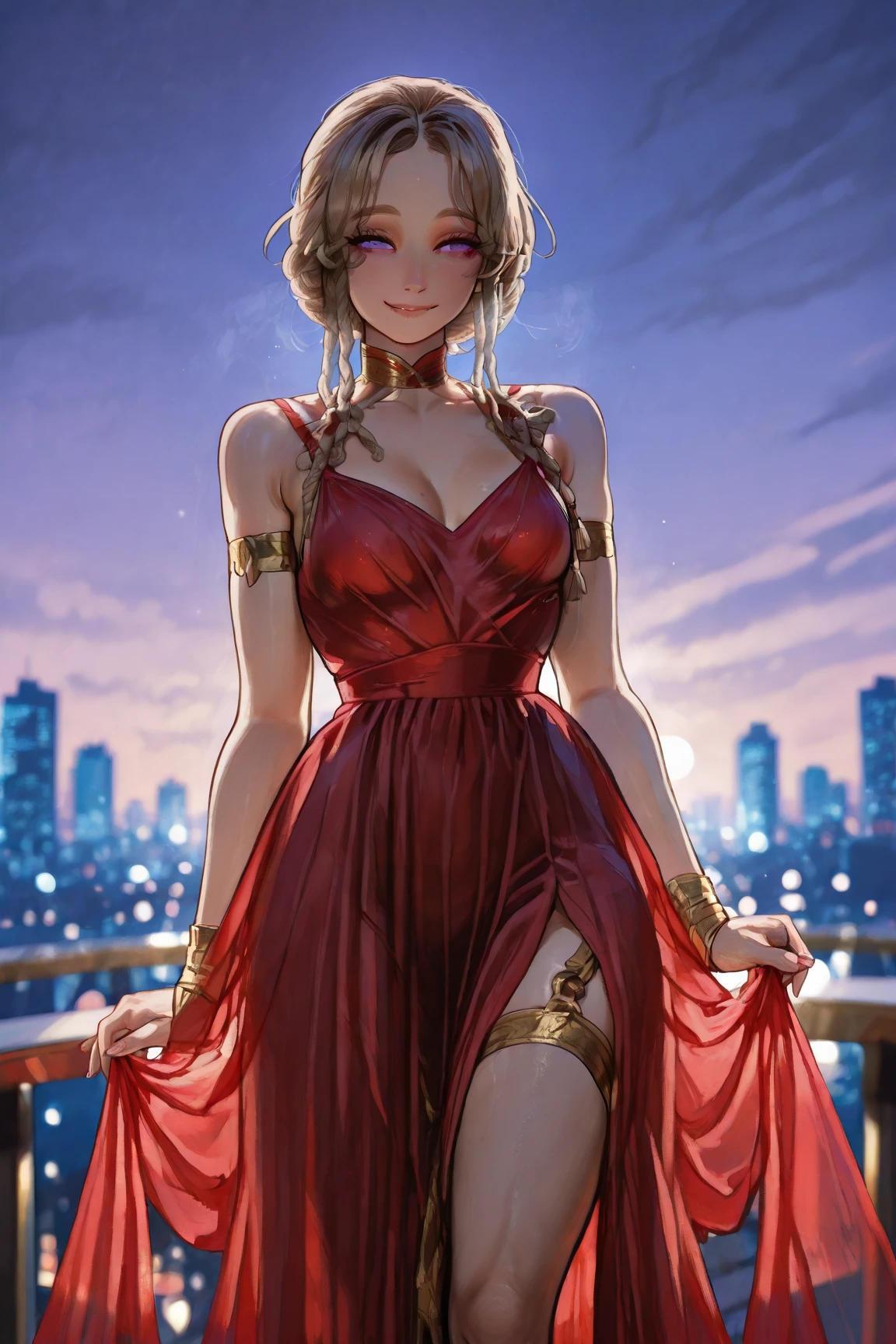 masterpiece, photorealistic:1.4, beautiful 20 year old woman, 1girl, elegant,   blond_hair, medium_hair,  hair_up,  blonde,  night,  standing, dynamic pose,  jewelry, necklace, bracelet, showing_leg, hair_up,  cleavage, china dress,
perky_breasts, bangs,  extremely detailed artgerm, photorealistic perfect body,detailed skin,greece, ruins, pines, dramatic_sky, 