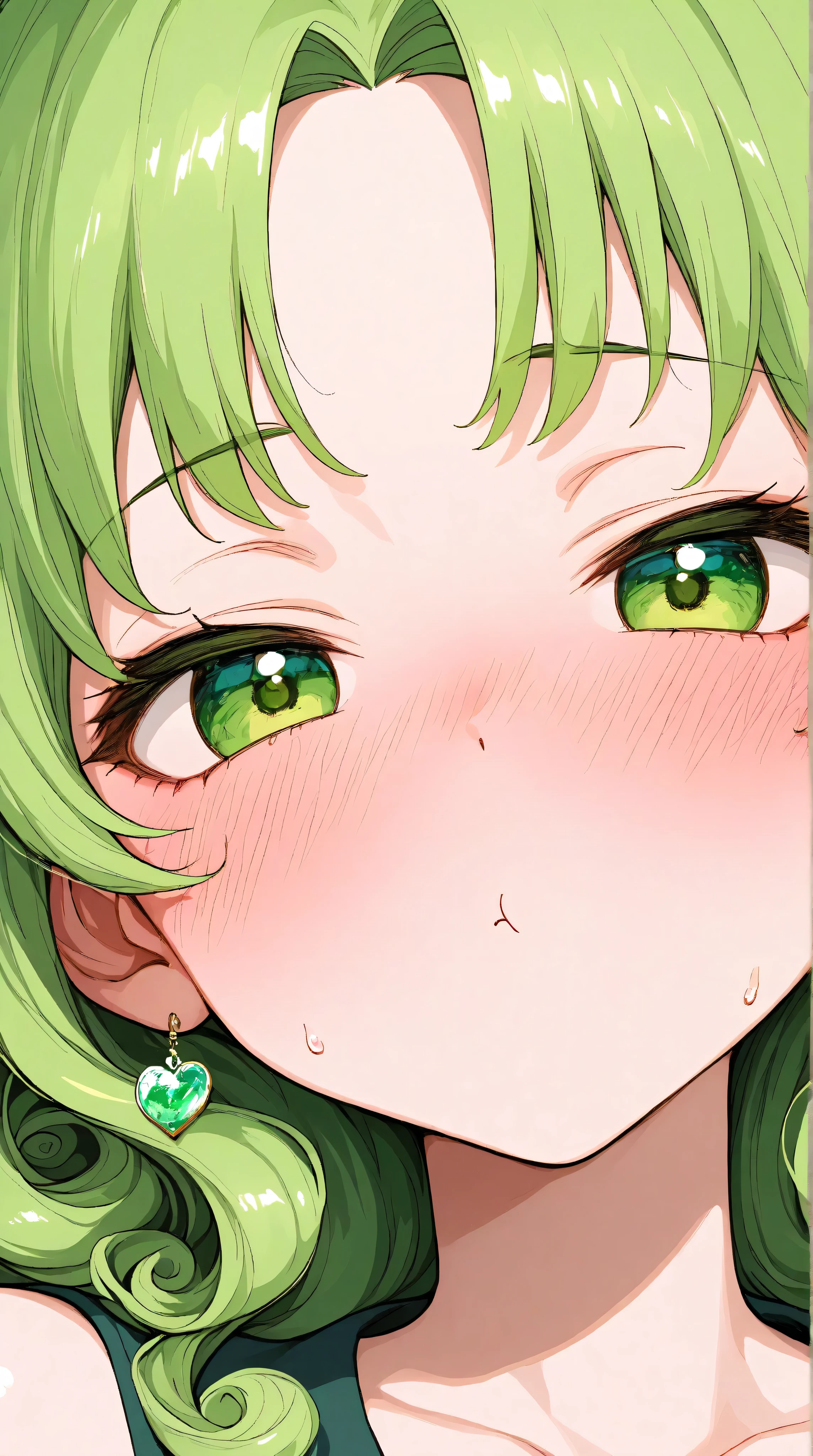 asian high school girl, focus on eyes, close up on face, pouting, wearing jewelry, apple green color hair styled Faux Hawk with Curly Hair, freckled face, slender, pale, shiny skin, anime, manga, heavy blushing,