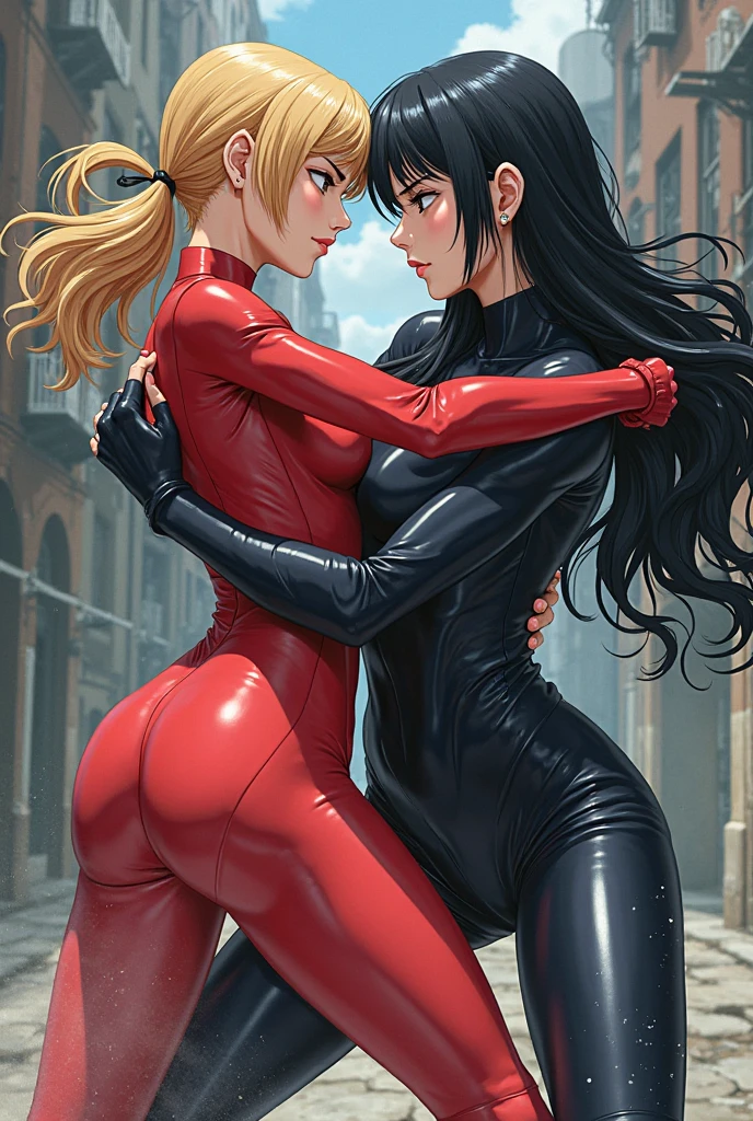 shoujo-style, masterpiece, ((official)), best quality, amazing fine details, high resolution, all intricate, hip focus, from below, look back, stick out ass, butt crack,  ((matching outfits)), ((Coordination of twins)), (two girls in different color costumes:1.3), couple,  anime, kawaii,  fusion of satin and latex leotard, thigh, (red latex gloves:1.3), black latex beret, clothes reflecting light, extremely wrinkled fabric, extremely shiny fabric, extremely shiny clothes, (evil smile)+,  panty shot, background of town street, spike choker,  dark heroine, fishnet stockings, provocation, toned female, muscular, perfect female proportion, despise, squint, laughing hard, looking down from below,