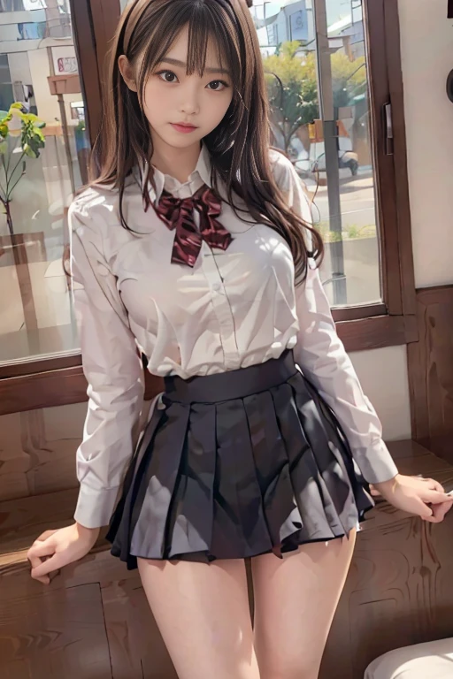 ((Top quality, 8k, Masterpiece: 1.3)), beauty, hidden face, 1 girl, beauty: 1.3, slender abs: 1.1, Japanese high school uniform, white shirt, full, plaid short skirt, bow tie, over-the-knee socks, long black hair, (kneeling on the bed), ultra-detailed face, highly detailed lips, detailed eyes, double eyelids, strict head and body proportions,