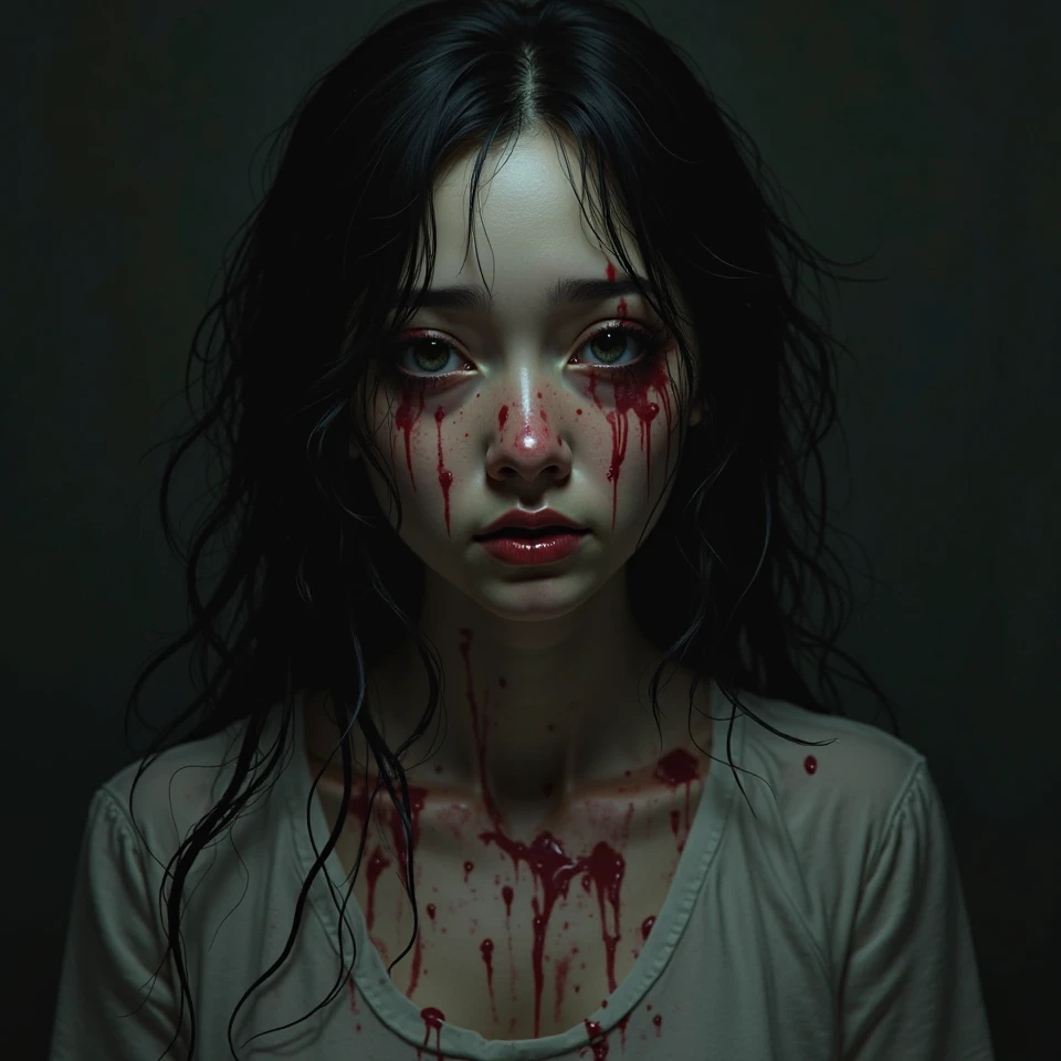 extreme close up, 50mm lens. in the darkness room. a young Malay woman with long messy black hair. horrible burned scars on her face, zombie face, dry, pale skin, her left eye would be all white and the other eye black. she look sad. eerie, scary, horror movie, shadow, darkness background, darkness. cinematic shot.