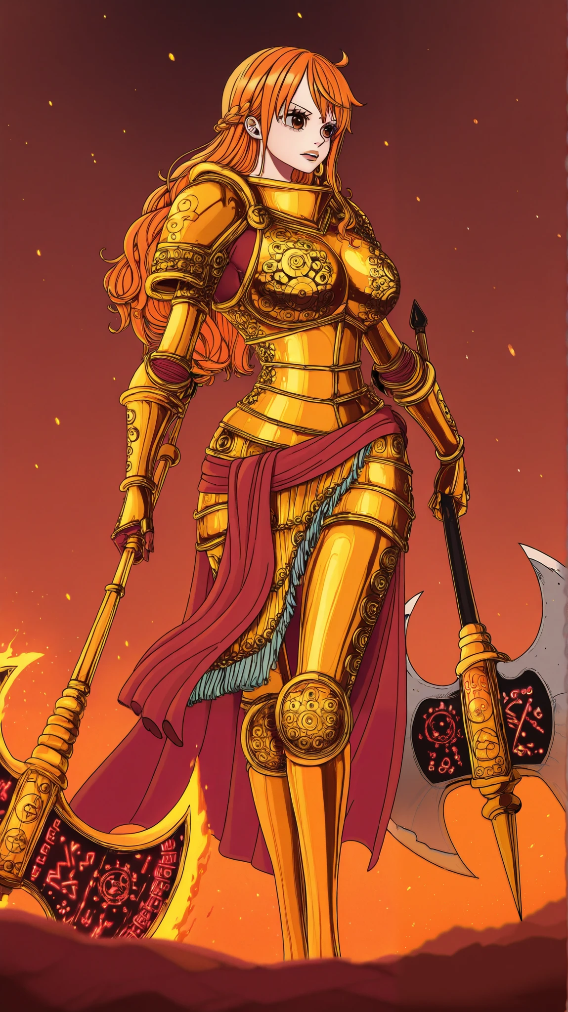 Nami (One Piece), dressed for Elbaph:

Epic fantasy warrior aesthetic, Nami stands confidently in ornate, radiant golden armor embossed with intricate Viking-inspired runes and symbols glowing with warm, fiery energy. Her massive bust and curvaceous figure are exaggerated in traditional One Piece fashion, the armor sculpted to emphasize her exaggerated proportions while retaining regal power. She wields a massive enchanted axe crackling with storm energy—her Clima-Tact reimagined as a mythic giant-slaying weapon. Her long orange hair is braided back with golden bands, and a tattered crimson sash flutters from her waist as glowing embers swirl around her in the battlefield twilight of Elbaph.