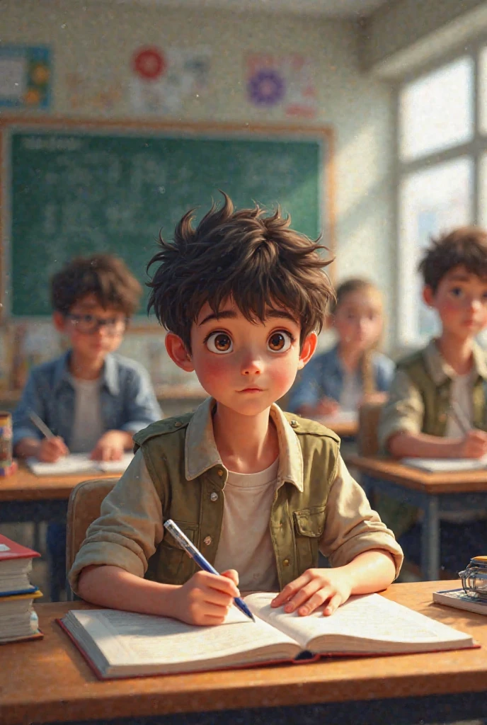 A boy is sitting in a classroom and trying to study while all the kuds are screaming and throwing paperplanes, books everywhere, angry teacher
