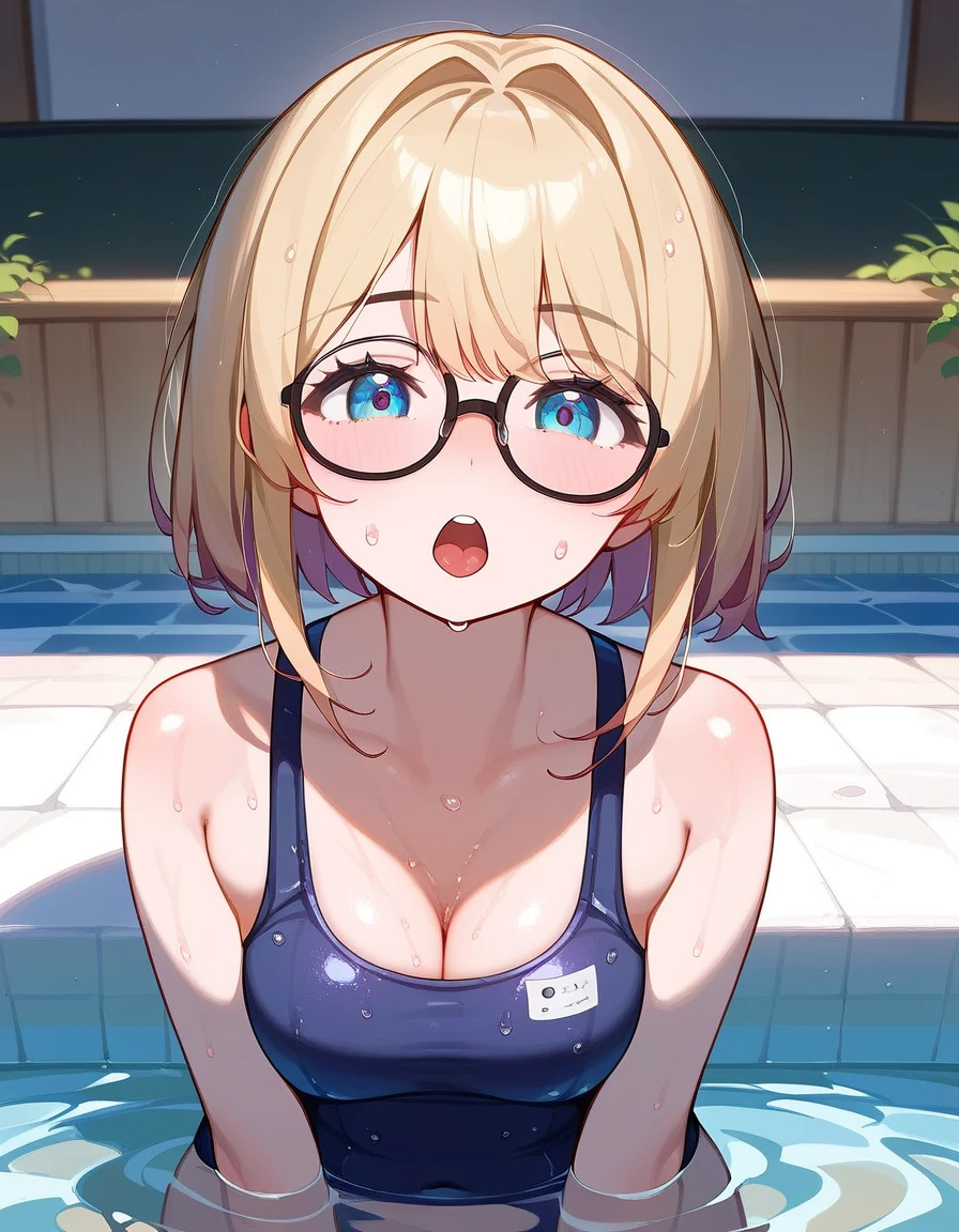 Masterpiece, best quality, high resolution, 1girl,mature female, big breasts, blonde hair, blue eyes, slim waist, eyeglasses, looking at viewer, perfect anatomy, micro bikini, indoors, bedroom, sweaty body, blushing
