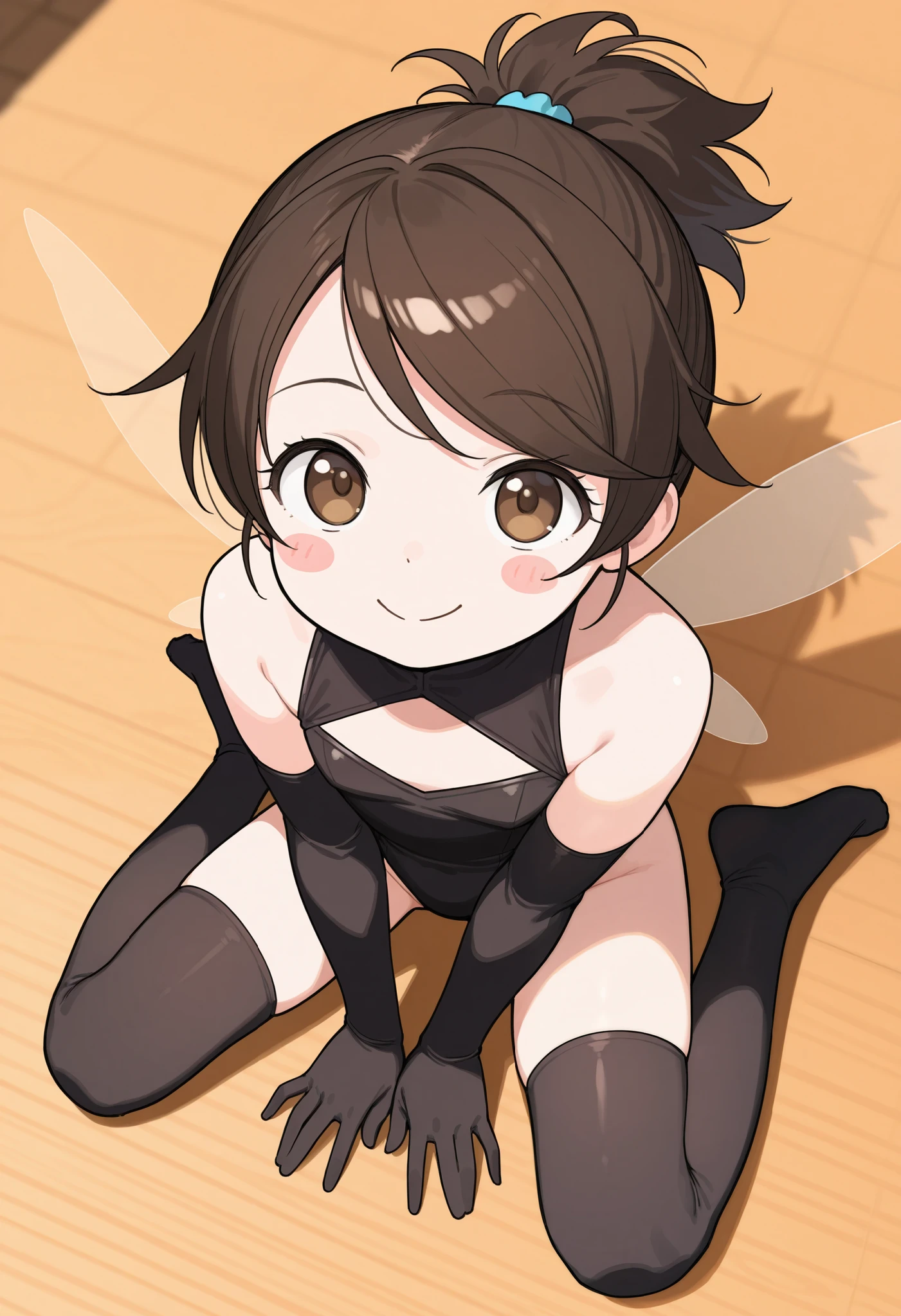 score_9_up, score_8_up, 4k, absurdres, detailed, 1girl, solo, girl focus, loli, minigirl, smile, c:, short ponytail, swept bangs, fluffy hair, fairy wings, leotard, thighhighs, sleeveless, elbow gloves, from above, high angle, w-sitting, wariza, looking up, looking at viewer, blush stickers, full body, pov