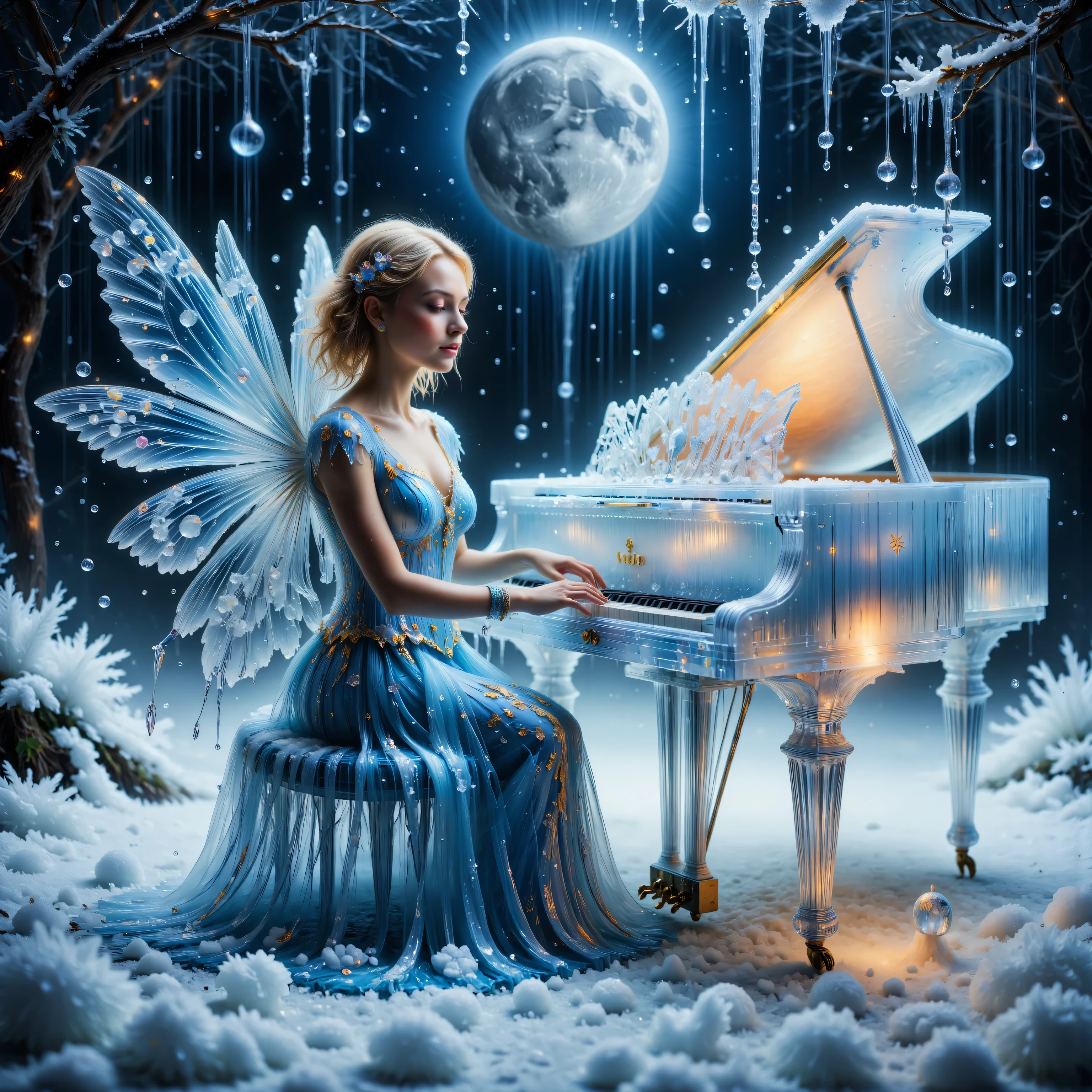 A breathtakingly beautiful, high-definition image of a young adult (circa 20 years old) fair-skinned woman with shoulder-length, flowing blonde hair and captivating brown eyes, possessing enormous, translucent, luminous wings like a moth, gracefully seated at a grand, lit, and luminous translucent grand piano. Her attire: a flowing, ethereal gown of shimmering, icy blue silk, adorned with delicate silver embroidery, mirroring the snowfall around her. She plays with an elegant, poised posture, her fingers dancing lightly across the ivory keys. Her expression is serene and slightly whimsical, eyes closed in concentration, conveying a sense of peaceful enchantment. The piano itself radiates a soft, inner light, casting a gentle glow upon the falling snow. A gigantic crescent moon hangs in the inky-black sky, partially obscured by swirling snowflakes. The scene is bathed in soft, cool light, creating a dreamy, magical atmosphere evocative of Art Nouveau and Symbolist styles. The perspective is a slightly elevated medium shot, focusing on the fairy and her interaction with the piano. The background showcases a heavily snow-laden landscape, the snow possessing a soft, feathery texture, contrasted against the smooth, luminous quality of the piano and the fairy's wings. The overall mood is serene, whimsical, and deeply magical, emphasizing tranquility and otherworldly beauty. The image emphasizes intricate details, capturing the delicate textures of the snow, the fairy’s wings, and the piano’s translucent surface.