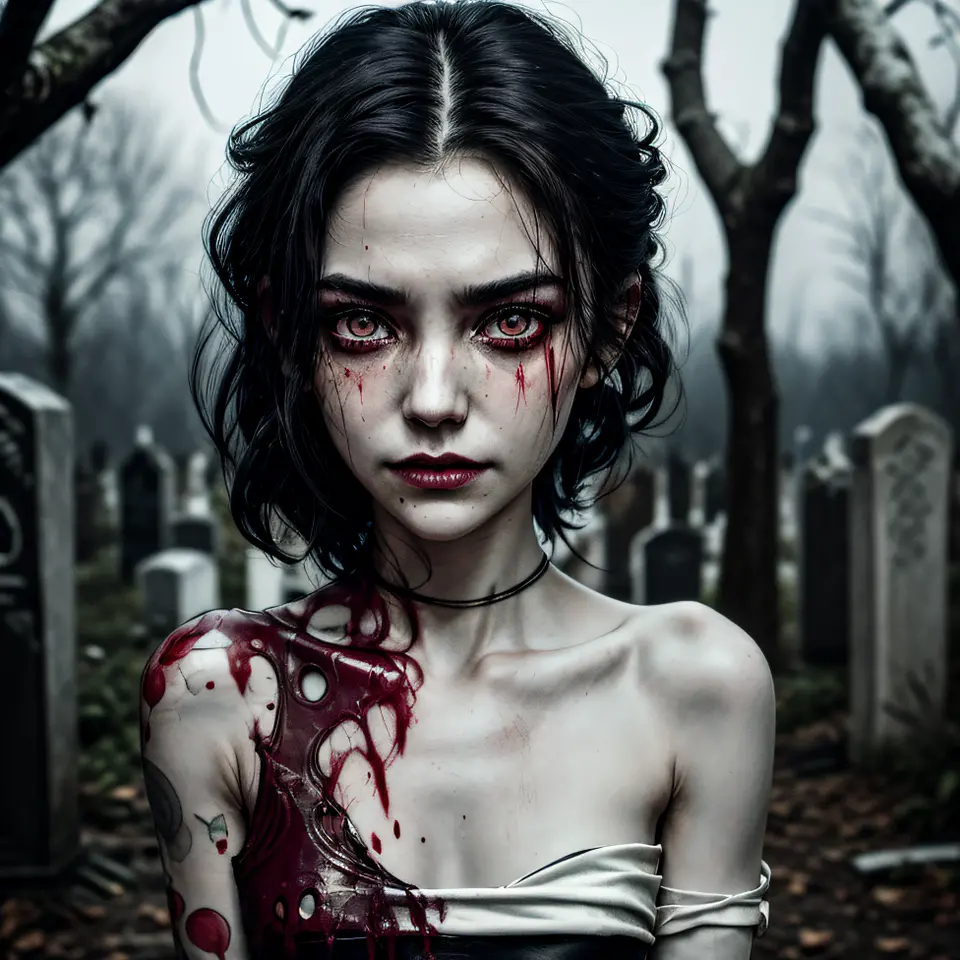 corpse, sinister, female, thin, pale, looking at the camera, ultra realistic, fully detailed, cemetery environment, bright eyes, white dress torn and stained with blood, bones exposed, putrid wounds, sensual, terrifying, bruised by the body, exposed fracture in the collarbone, slight smile, super detailed