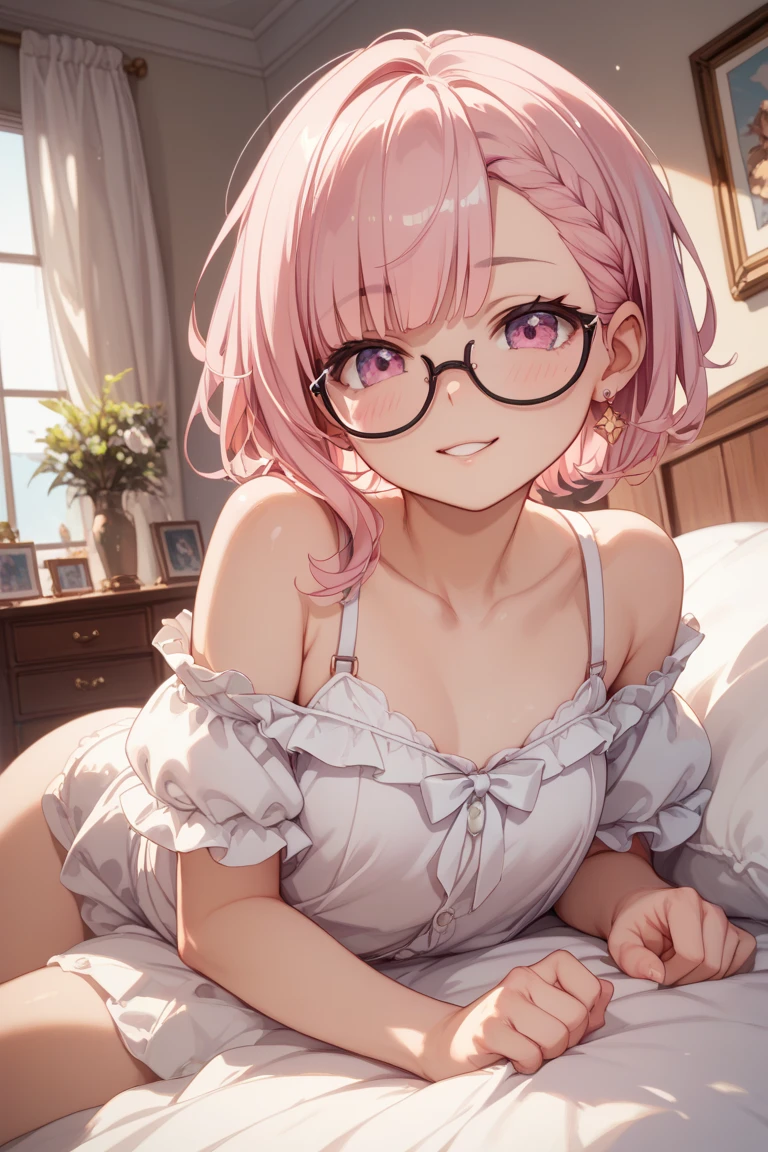 in 8K、top-quality、​masterpiece、ultra-detailliert、Ultra-high resolution、((1 persons))、girl with、a blond、Twin-tailed、Round big lens glasses、Medium chest、on the beds、(((natta)))、(darkened room)、Red face、White underwear、embarrassed from、look up to