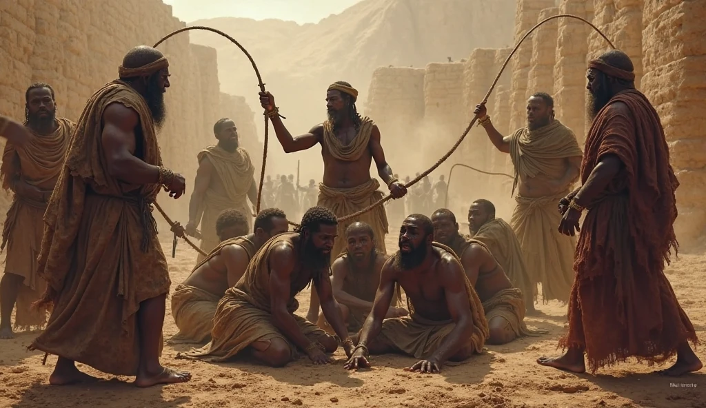 group of blond men prisoners crouched claustrophobic prison yard quarry mountain desert Sahara, very tanned primitive short beard brutish sad Neanderthal Russian young men wearing loincloth and barefoot, flaxen blond, Arab guards
