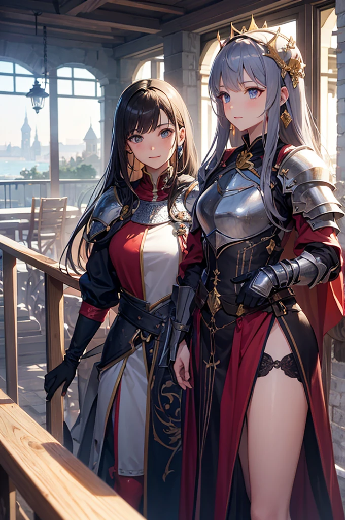 medieval setting, full view of body, 1 skinny female with large breast, beatiful smokey green eyes, black hair pinned up, off-shoulder midi dress, red scarf around her neck, eerie sunset
